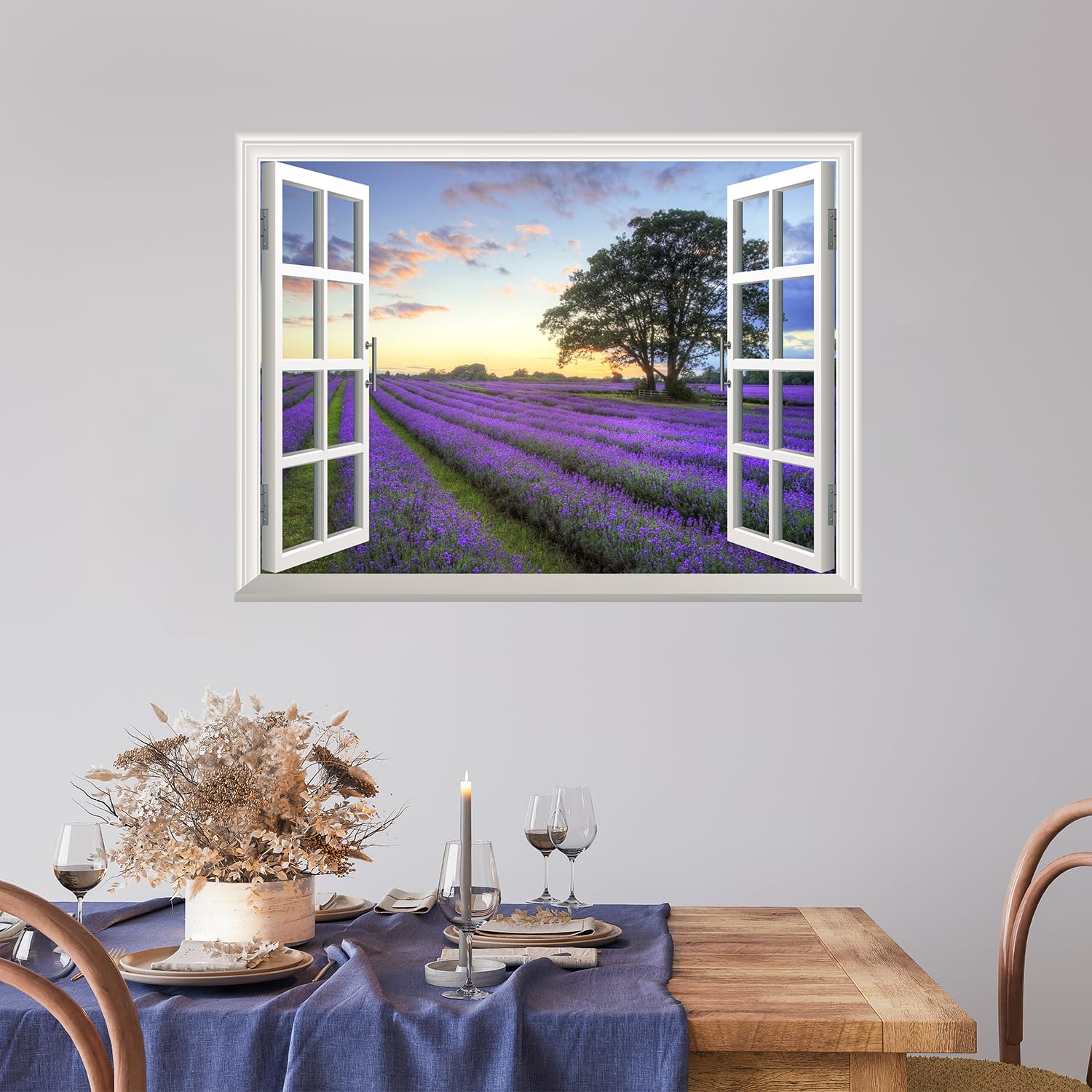 Wall26 Removable Wall Sticker & Mural - Sunrise on Purple Field | Window View Wall Art Decor - 24x32 Inches | Perfect for Bedroom, Living Room & Office Decoration