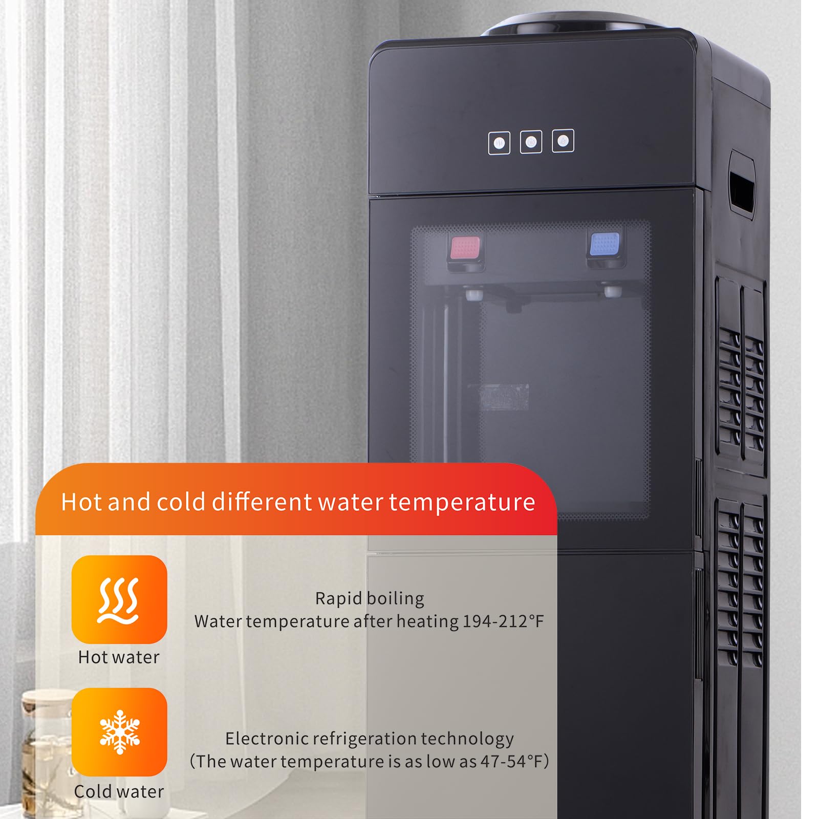 5 Gallon Top Load Water Cooler with Hot & Cold Dispenser - Freestanding for Home & Office, Compatible with 3 & 5 Gallon Bottles, Luxury Black Design (Black) - Perfect for Kitchen, Breakroom, and Office Hydration