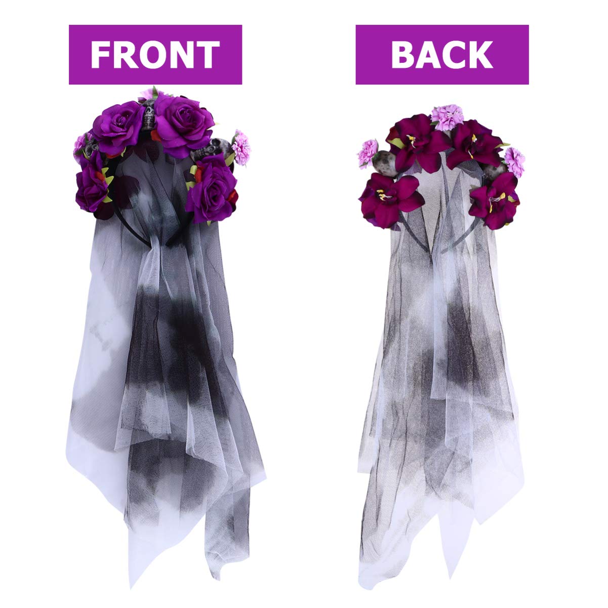 Beaupretty Day of The Dead Floral Rose Headband with Veil & Skull Decor - Gothic Halloween Hair Accessory for Women, Bridal Shower, Costume Parties & Dia de Los Muertos Celebrations