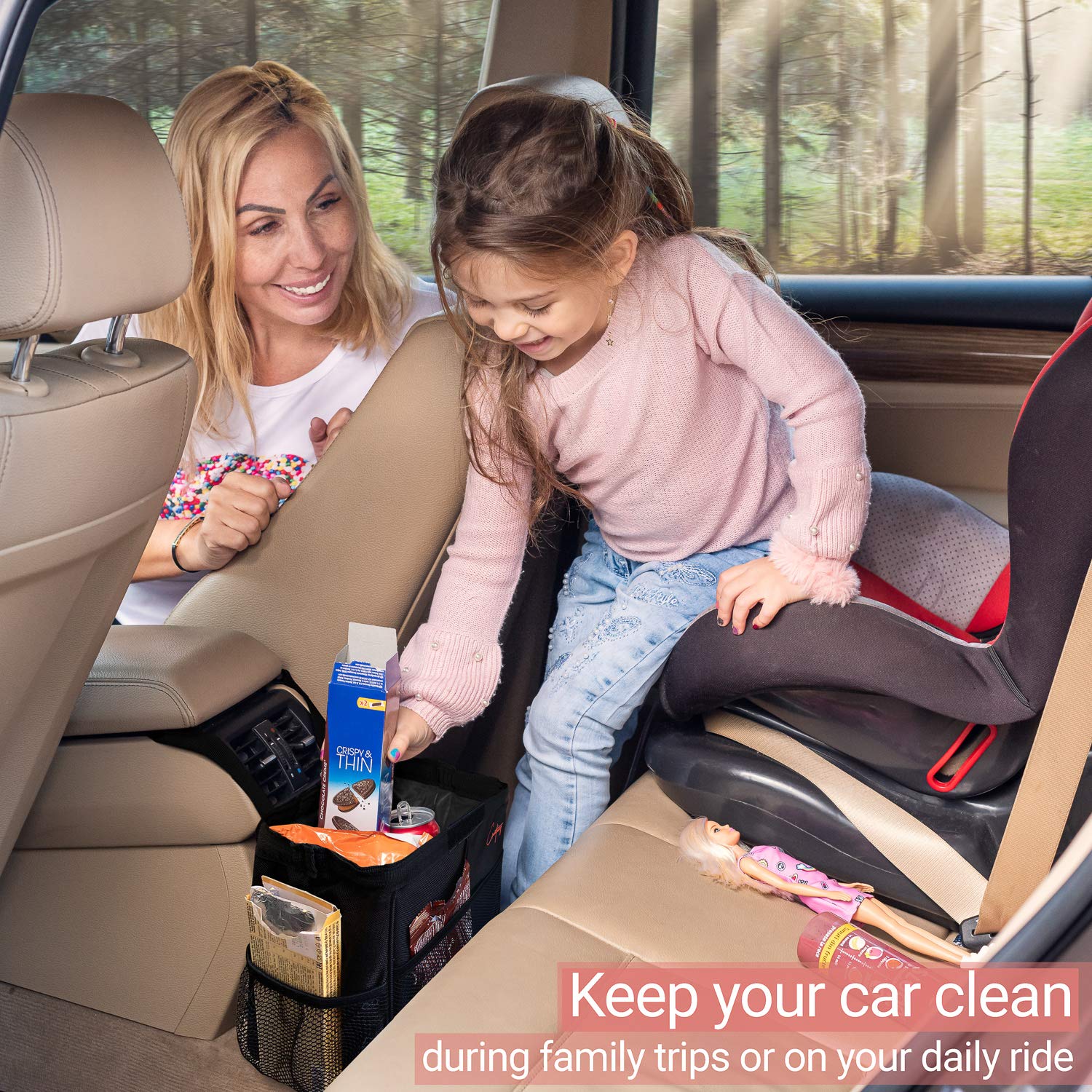 Foldable Waterproof Car Trash Can - 2 Gallon Organizer Bag for Console & Seat | Medium Black Auto Garbage Bin | Perfect for Road Trips, Commuting & Keeping Your Vehicle Clean
