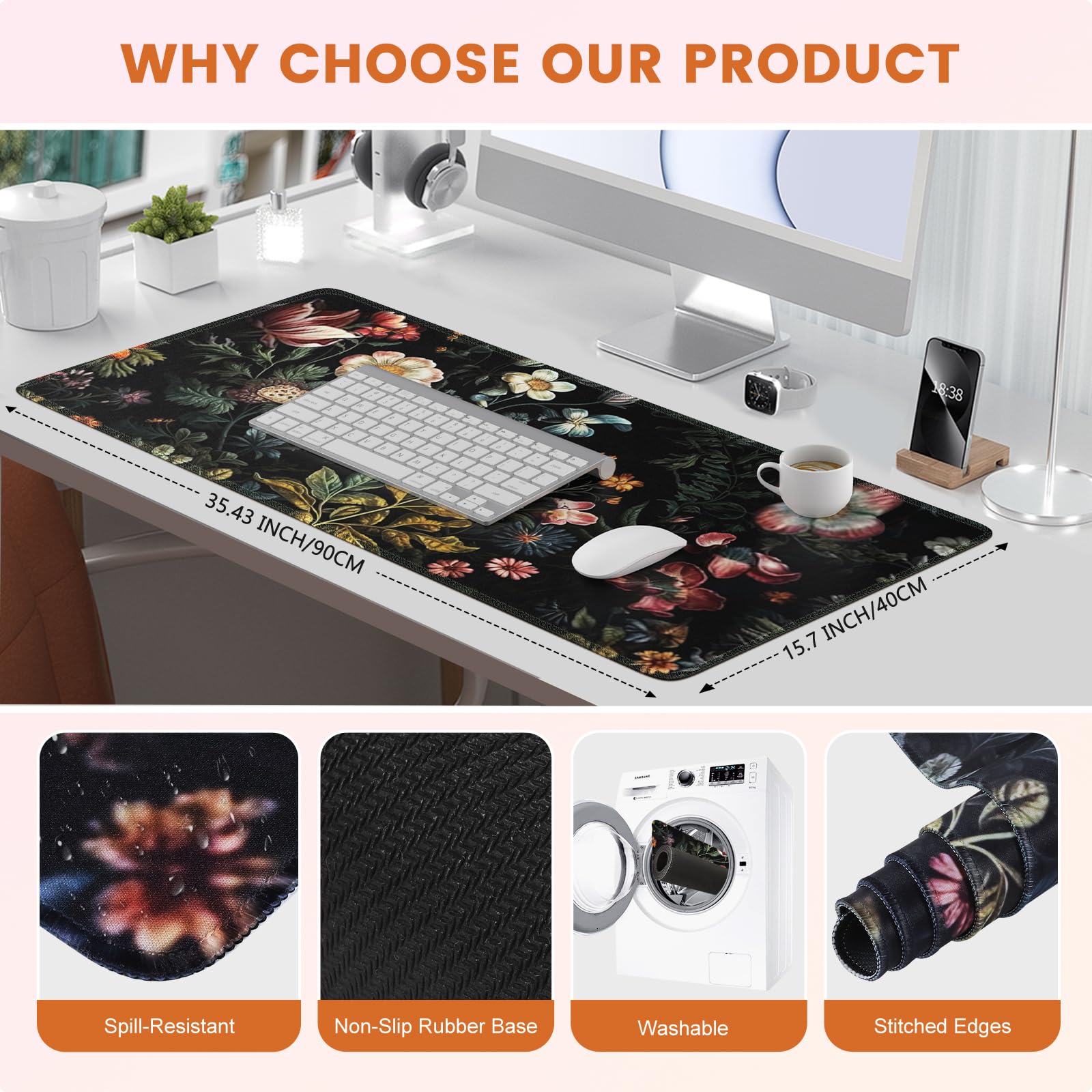 HAOCOO Floral Desk Pad Mat - Extra Large Non-Slip Mouse Pad & Keyboard Mat for Gaming and Office Use, Black Floral Design - Perfect for Computer Desks, Workstations, and Home Office Setups