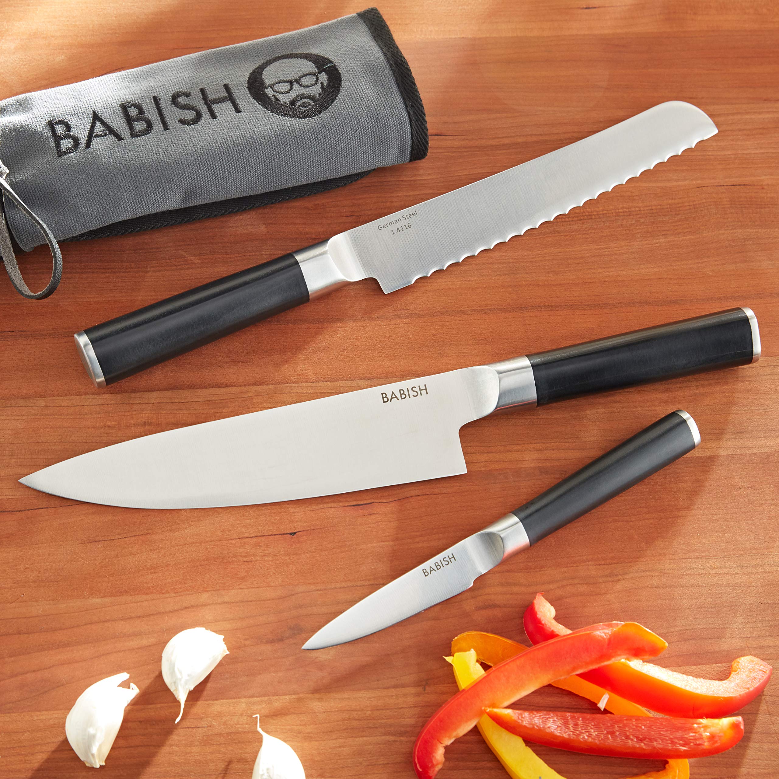 Premium Babish German High-Carbon 1.4116 Steel Knife Set - 3-Piece Professional Kitchen Cutlery (Chef Knife, Bread Knife, Pairing Knife) with Protective Knives Roll - Ideal for Home Chefs, Cooking Enthusiasts & Culinary Professionals