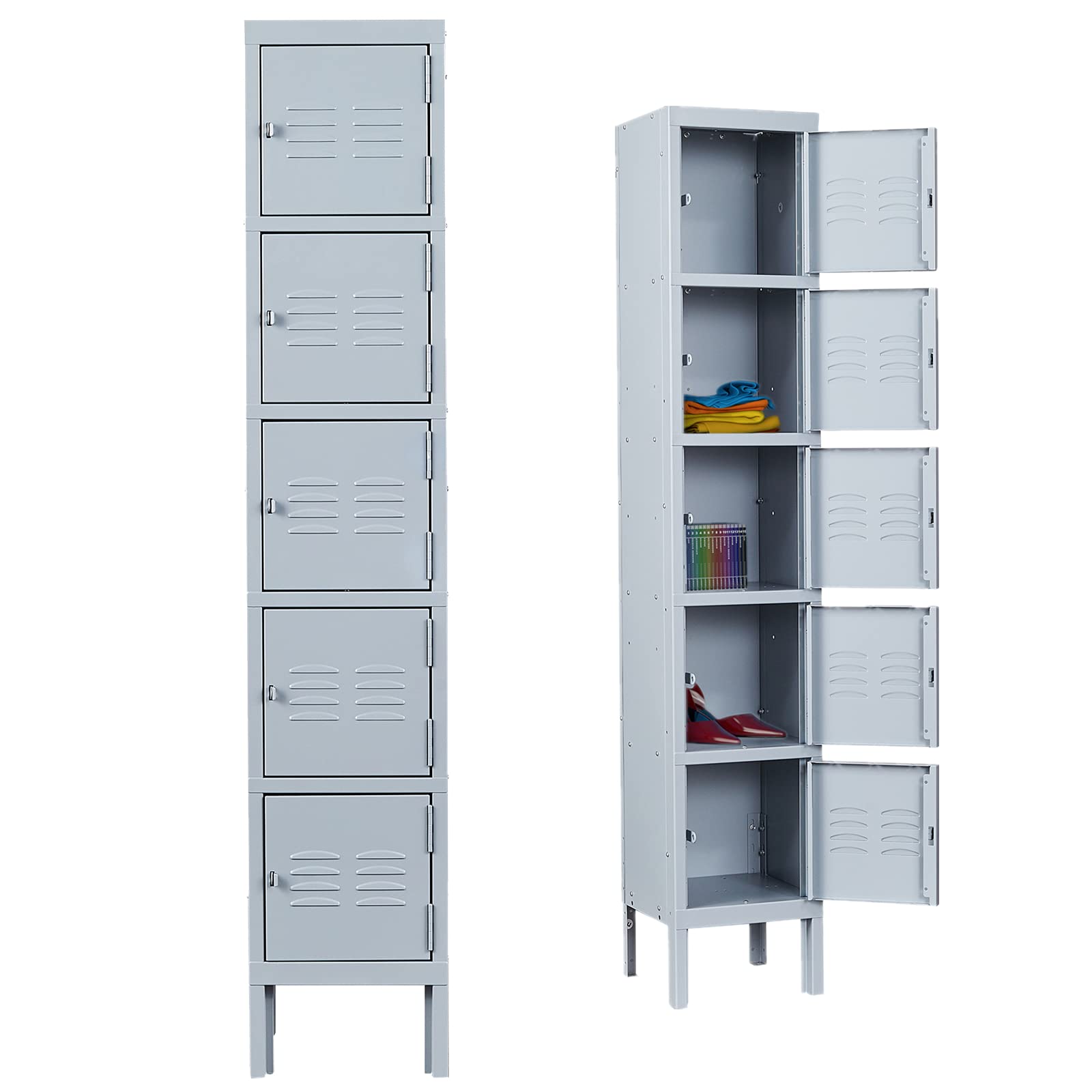 5-Tier Metal Locker with 5 Doors - Heavy Duty Storage Cabinet for School, Gym, Office & Hospital - Space Saving Organization Solution (Gray) - Perfect for Locker Rooms, Workplaces & Storage Areas