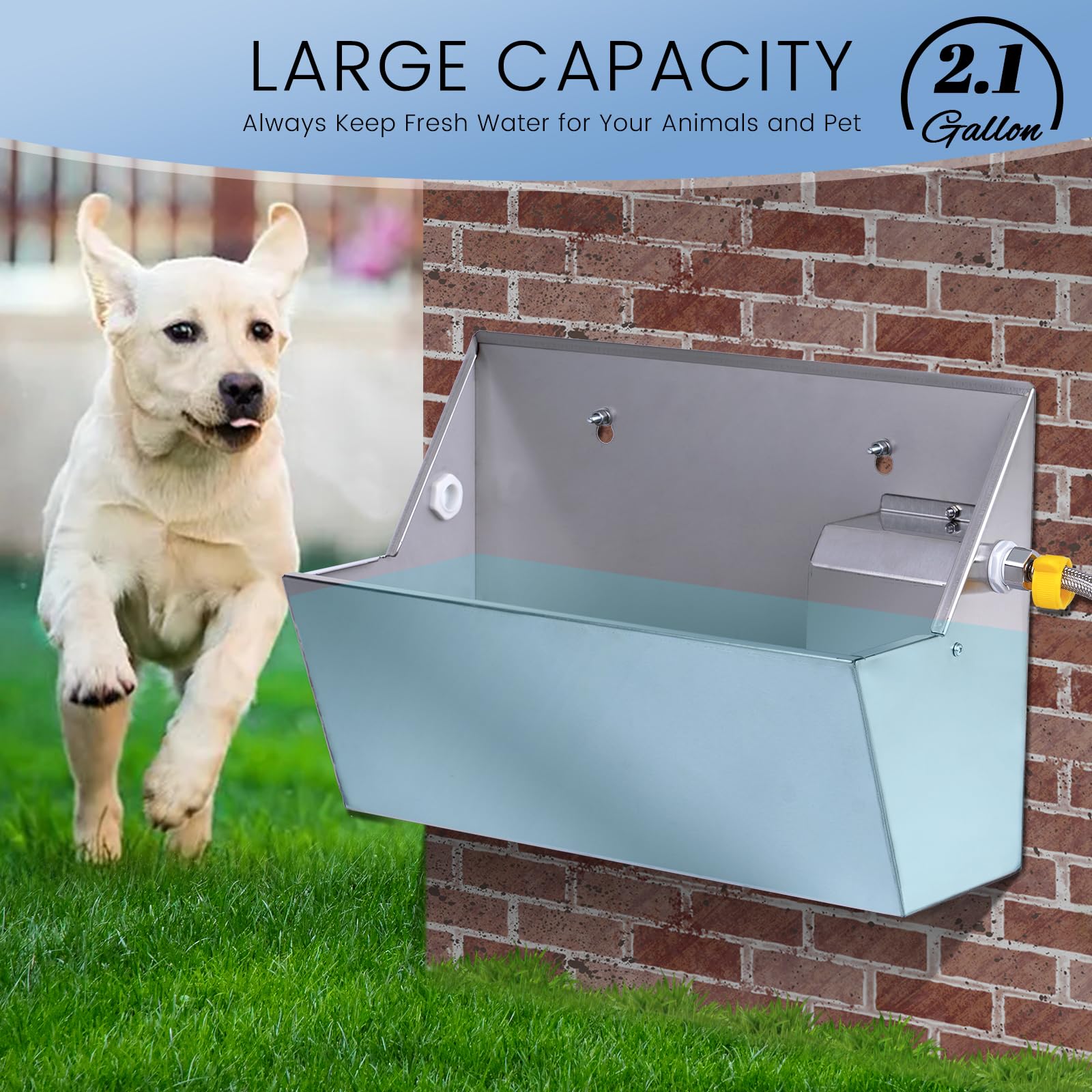 Automatic Dog Water Dispenser - 2.1 Gallon Stainless Steel Pet Water Bowl for Outdoor Use, Self-Filling Waterer for Dogs, Cats, Chickens & Livestock with Drainage Hole - Perfect for Backyards, Kennels & Farms