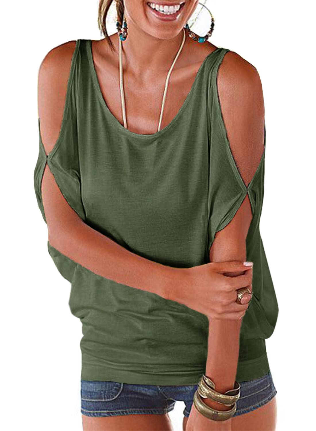 LEIYEE Women's Summer Cold Shoulder Tops - Short Sleeve Pullover T-Shirts & Sexy Casual Dolman Blouses | Perfect for Beach Outings, Date Nights & Summer Vacations