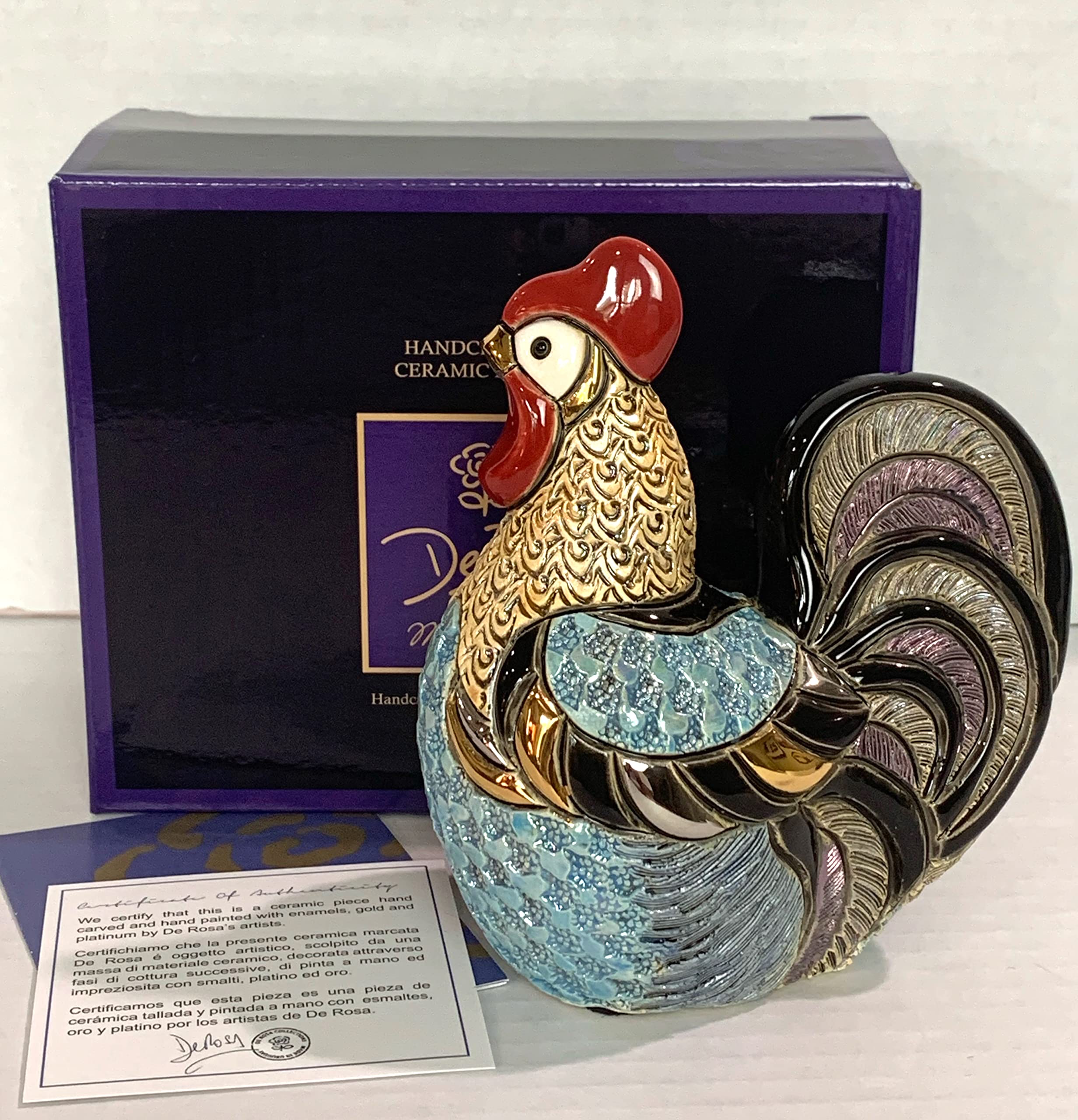 De Rosa Handmade Sculpted Ceramic Rooster Statue - Unique Home Decor for Kitchen, Living Room & Garden - Perfect Gift for Rooster Lovers & Farmhouse Style Enthusiasts