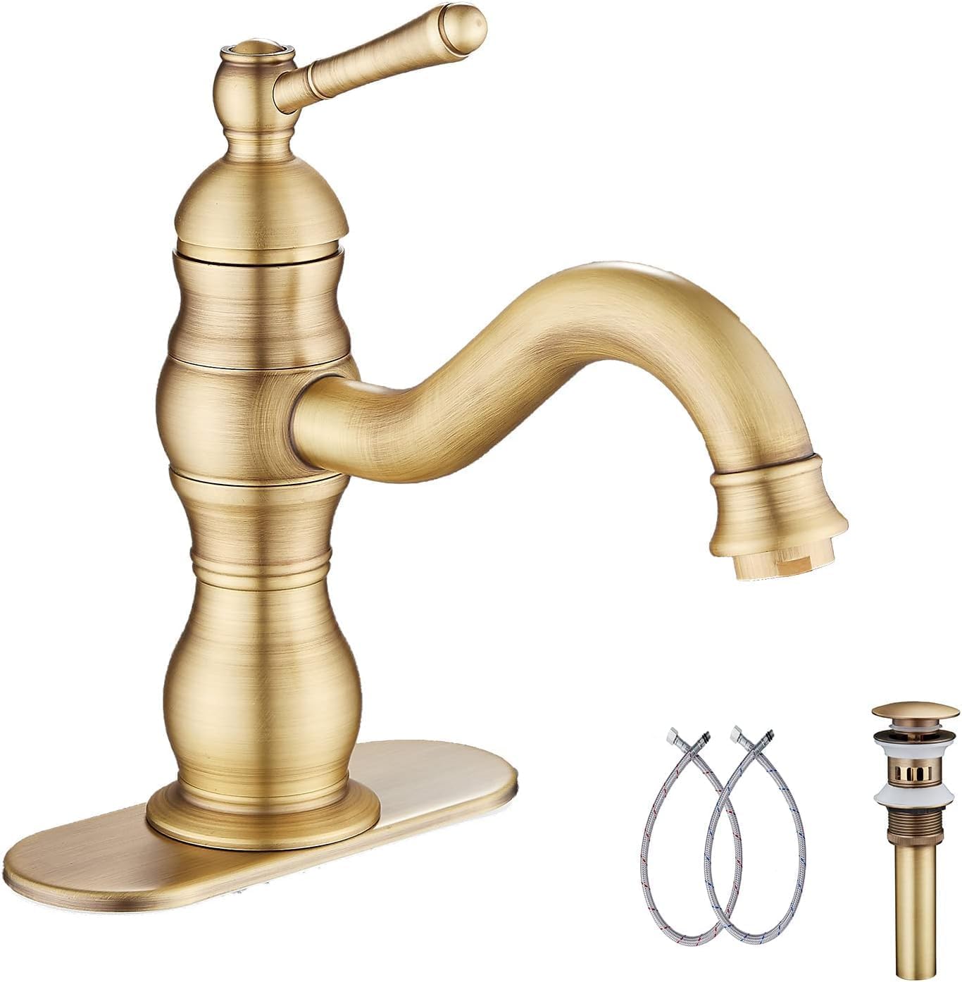 Antique Brass Single Handle Bathroom Faucet - 360° Swivel Vanity Sink Faucet with Pop-Up Drain & Overflow - Perfect for Modern & Vintage Bathroom Decor (1-Hole Installation)
