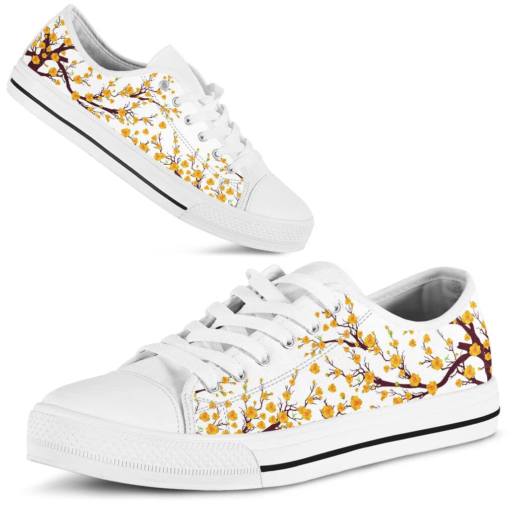 Japanese Sakura Cherry Blossom Canvas Low Top Sneakers - Unisex Casual Shoes for Men & Women (Yellow/White) - Perfect for Spring Outfits, Anime Cosplay & Japanese Culture Enthusiasts - Gift Box Included