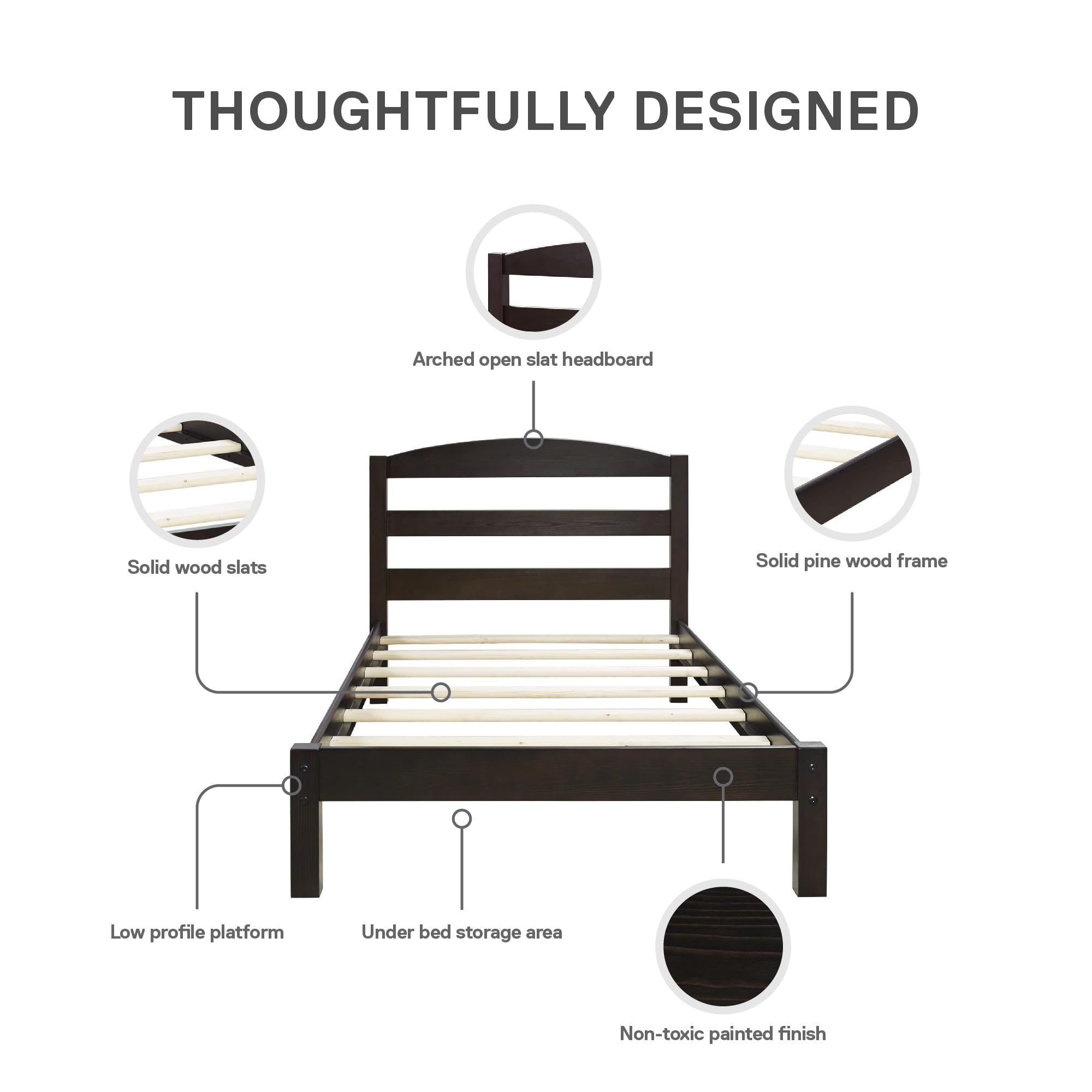 DHP Braylon Twin Bed Frame - Minimalist Wooden Bed with Espresso Finish - Sturdy Solid Wood Construction - Perfect for Kids Rooms, Guest Bedrooms & Small Spaces