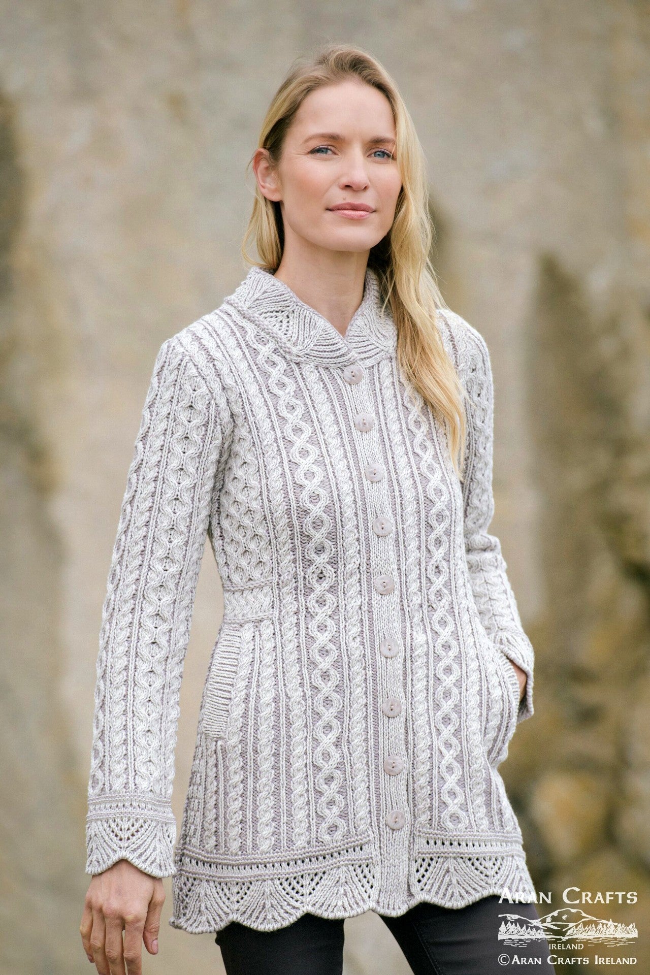 Fermanagh Plated Scallop Cardigan for Women - Soft Knit Sweater with Shell Edge Detail [Beige, Navy Blue] | Perfect for Office Wear, Date Nights & Fall Layering
