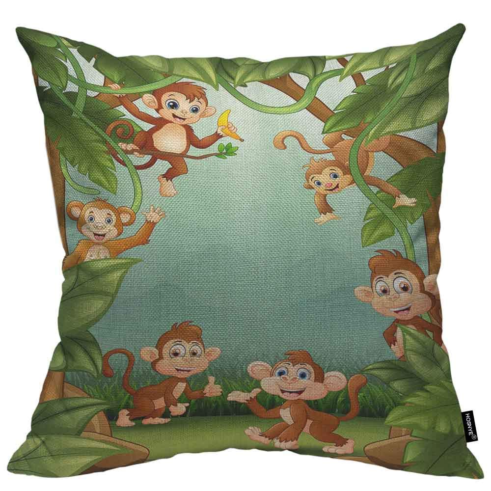 Monkey Print Cotton Linen Throw Pillow Covers 18x18 Inch - Jungle Theme Decorative Cushion Covers for Sofa, Bed & Home Decor - Perfect for Living Room, Nursery or Bohemian Style Interior Design