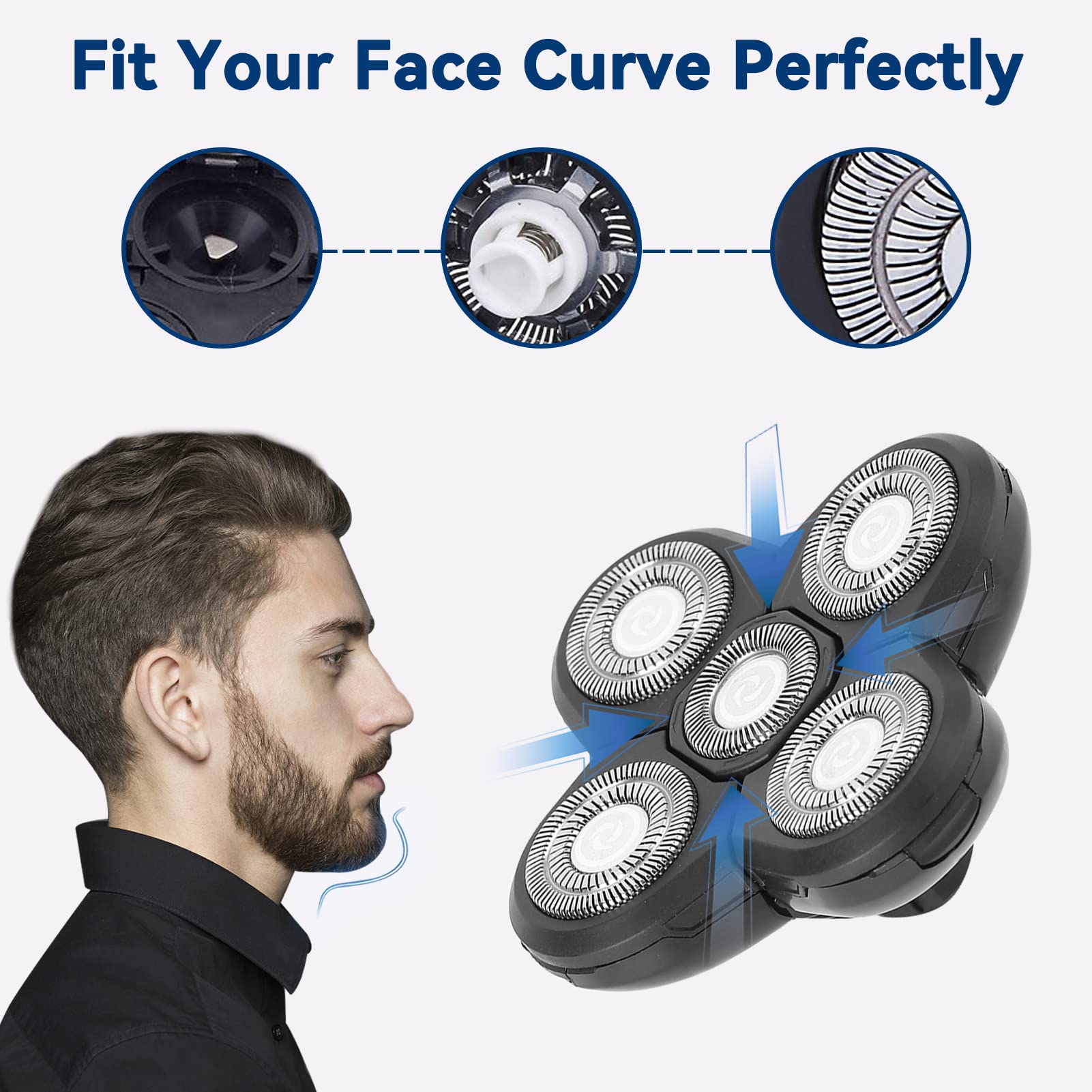 5-Blade Replacement Shaver Heads for Men - Waterproof Rotary Shaving Heads Accessory for Bald Head Shaving (Black) | Perfect for Wet/Dry Shaving at Home or Travel