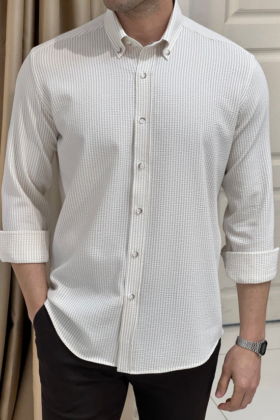 Men's Regular Fit Button-Down Collar Seersucker Striped Beige Casual Shirt | Breathable Summer Office & Outdoor Wear