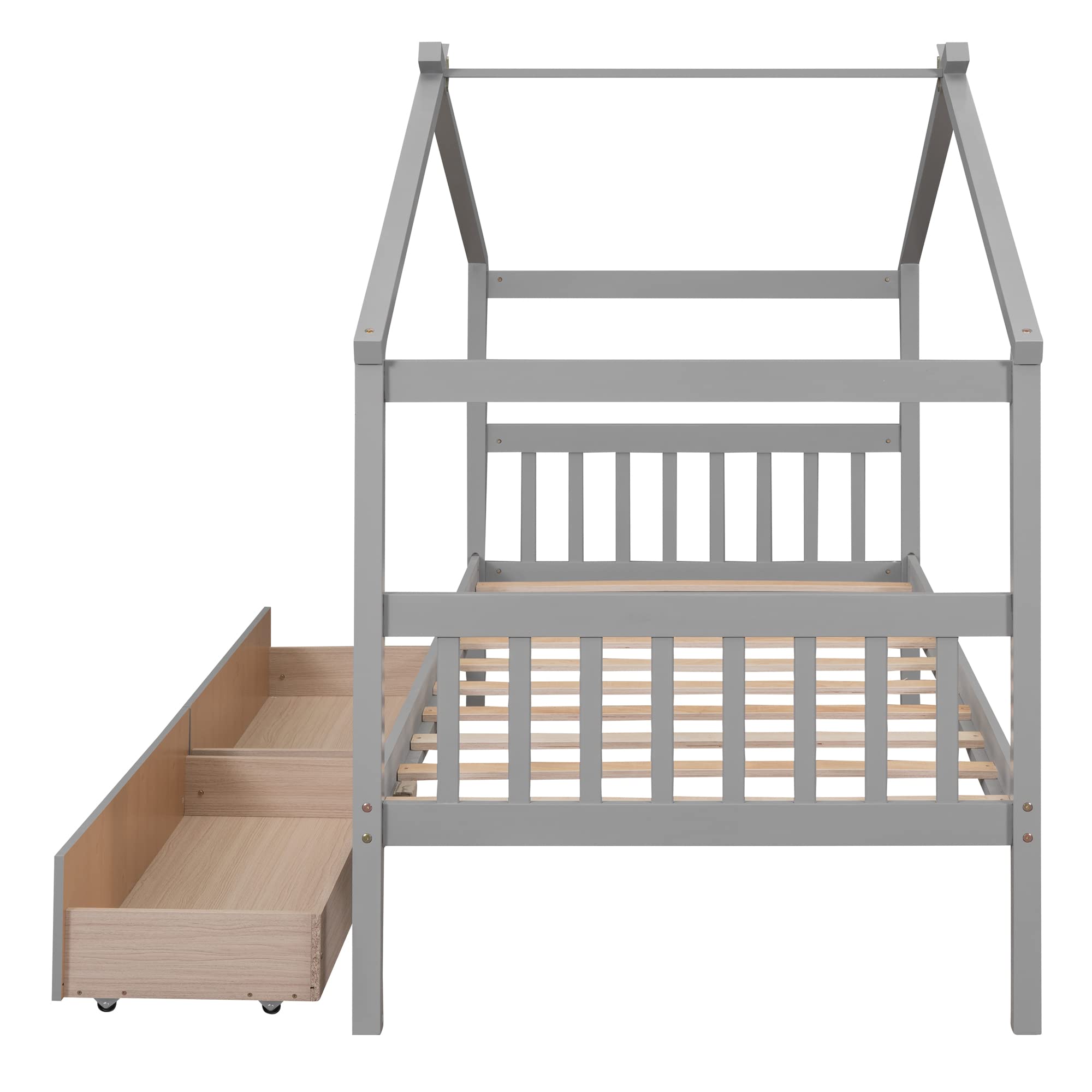 Harper & Bright Designs Twin Size Wooden House Bed for Kids with Storage Drawers - Sturdy Kids Bed Frame with Roof Design for Boys & Girls, Grey - Perfect for Bedrooms, Playrooms & Kids' Sleepovers