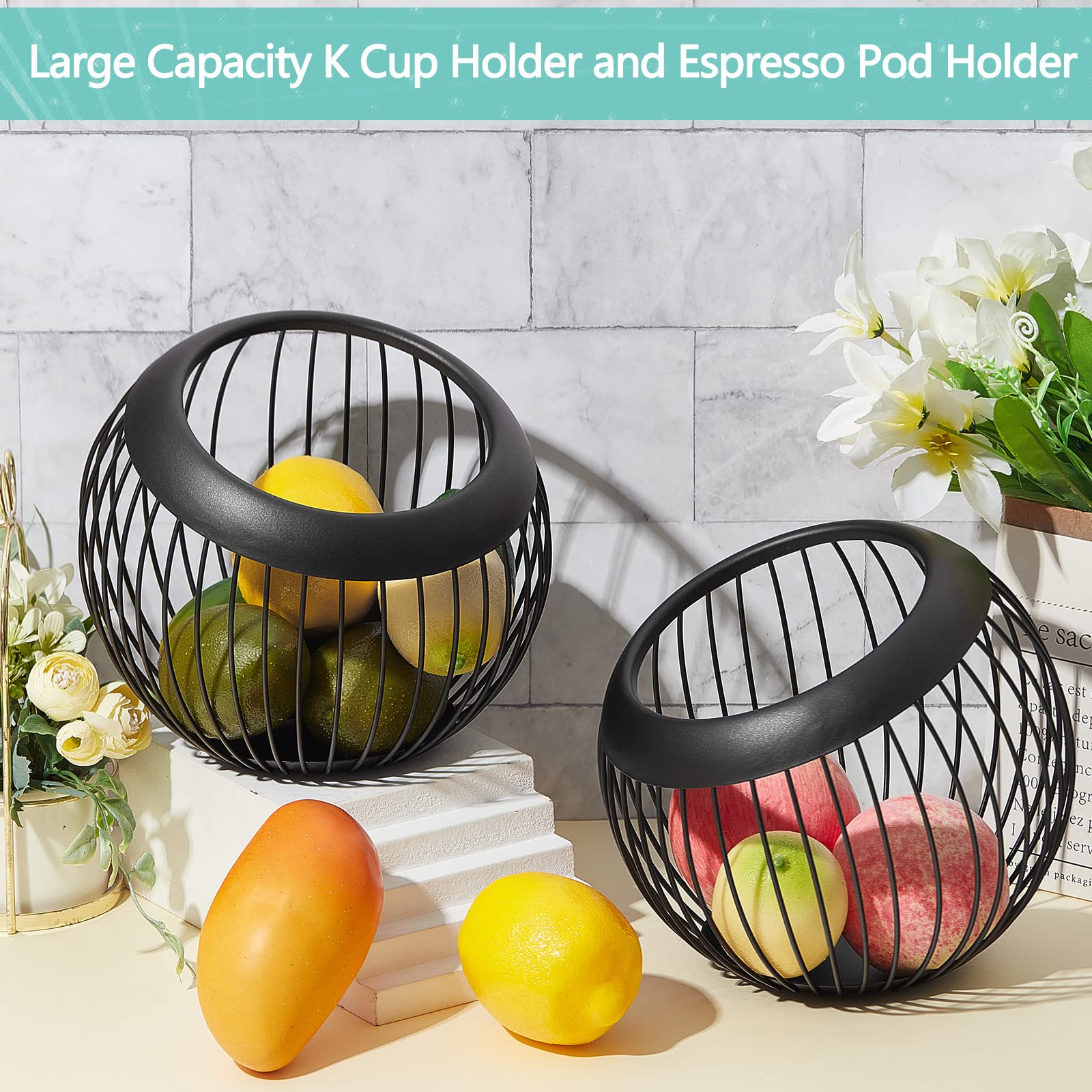 2-Pack Large Capacity Stainless Steel Coffee Pod Holder - Espresso Capsule Organizer & Multi-Purpose Wire Fruit Bowl for Kitchen Countertop, Office, or RV Use (Black)