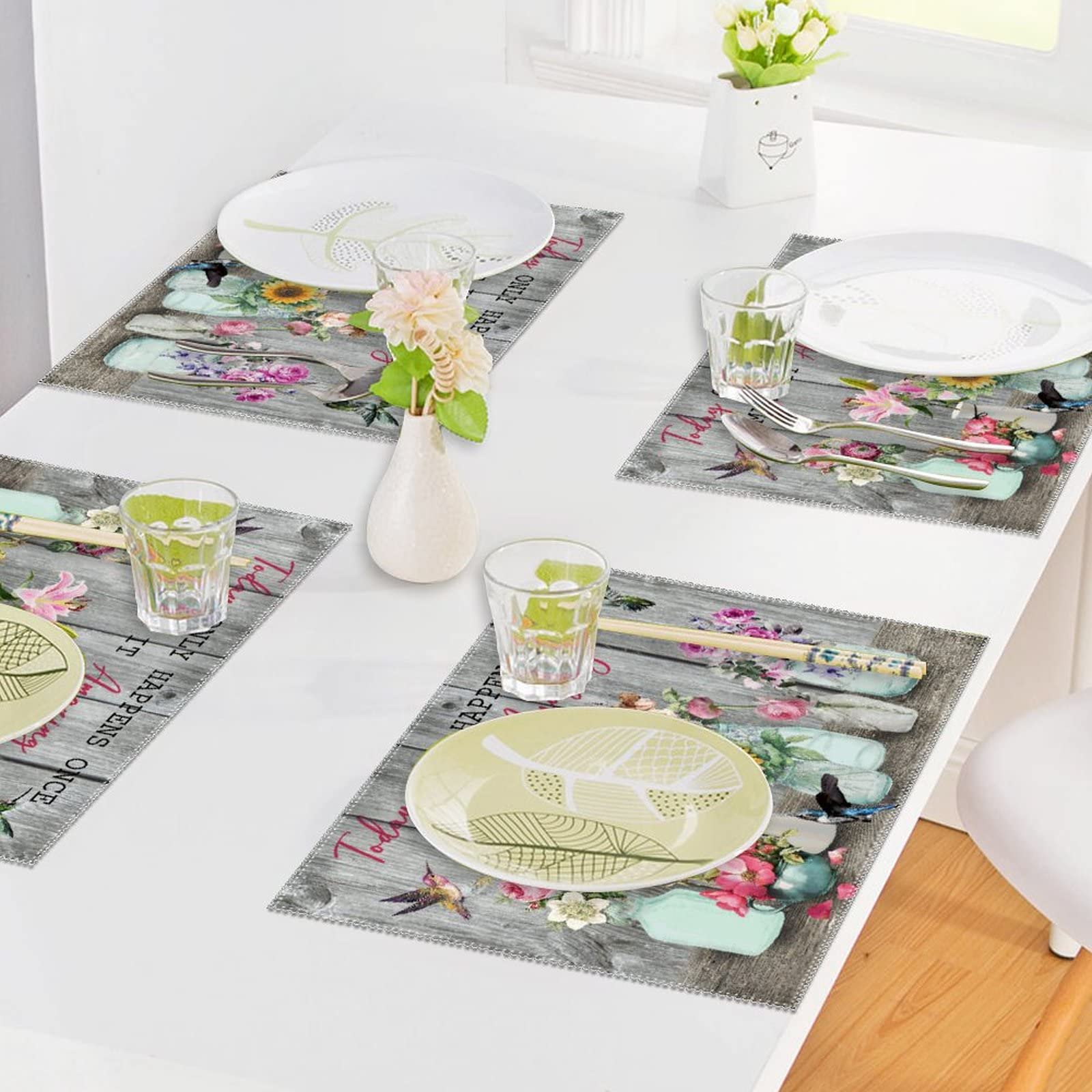4-Pack Heat Resistant Hummingbird Floral Placemats - Waterproof Outdoor Dining Mats for Kitchen, Banquet & Picnic Use - Elegant Table Decor Set for Everyday Meals and Special Occasions