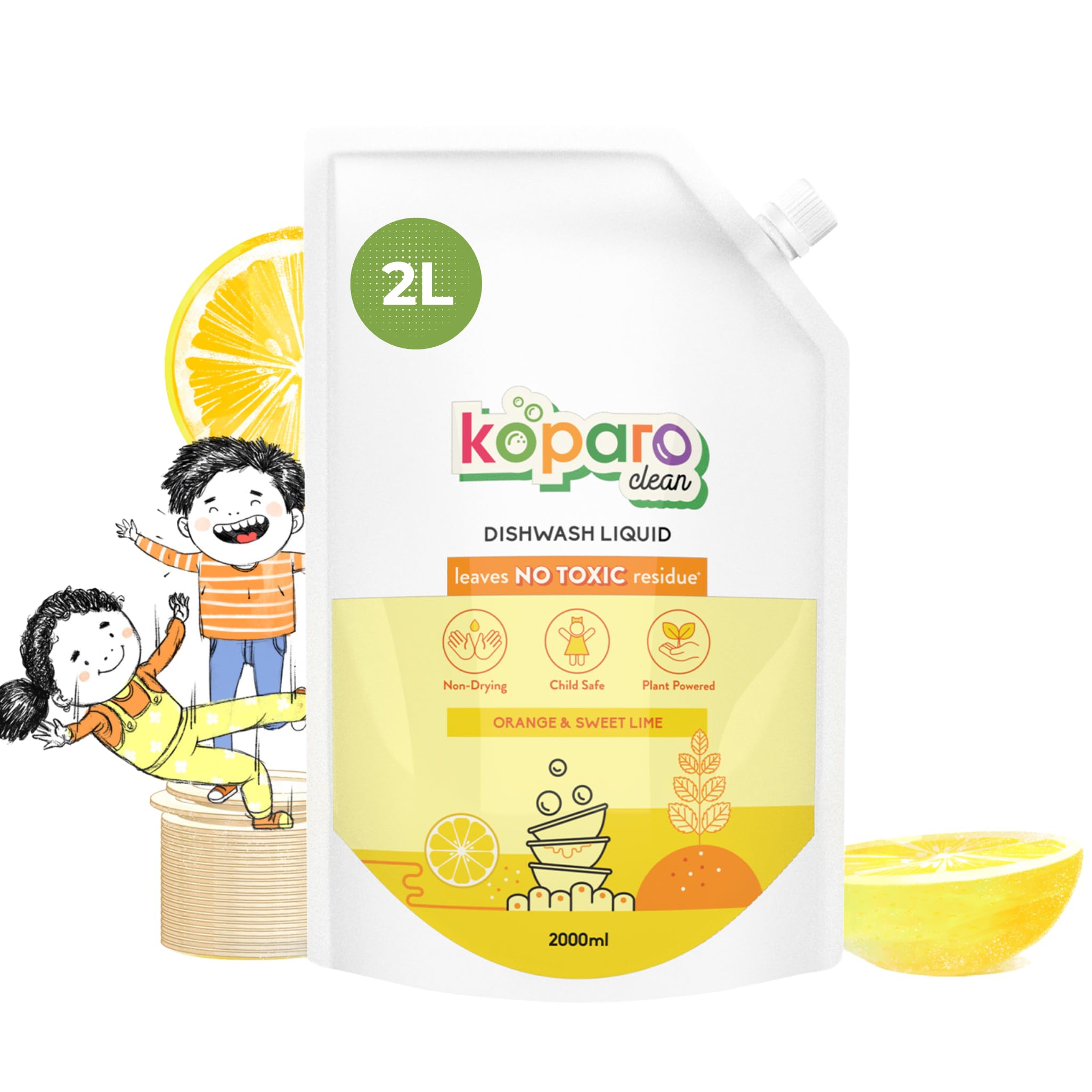 Koparo Organic Dishwashing Liquid - 2 Liters | Natural Plant-Based Formula with Tea Tree Oil for Germ Protection | Orange & Sweet Lime Scent | Safe for Babies & Pets | Ideal for Kitchen, Baby Bottles, and Pet Bowls