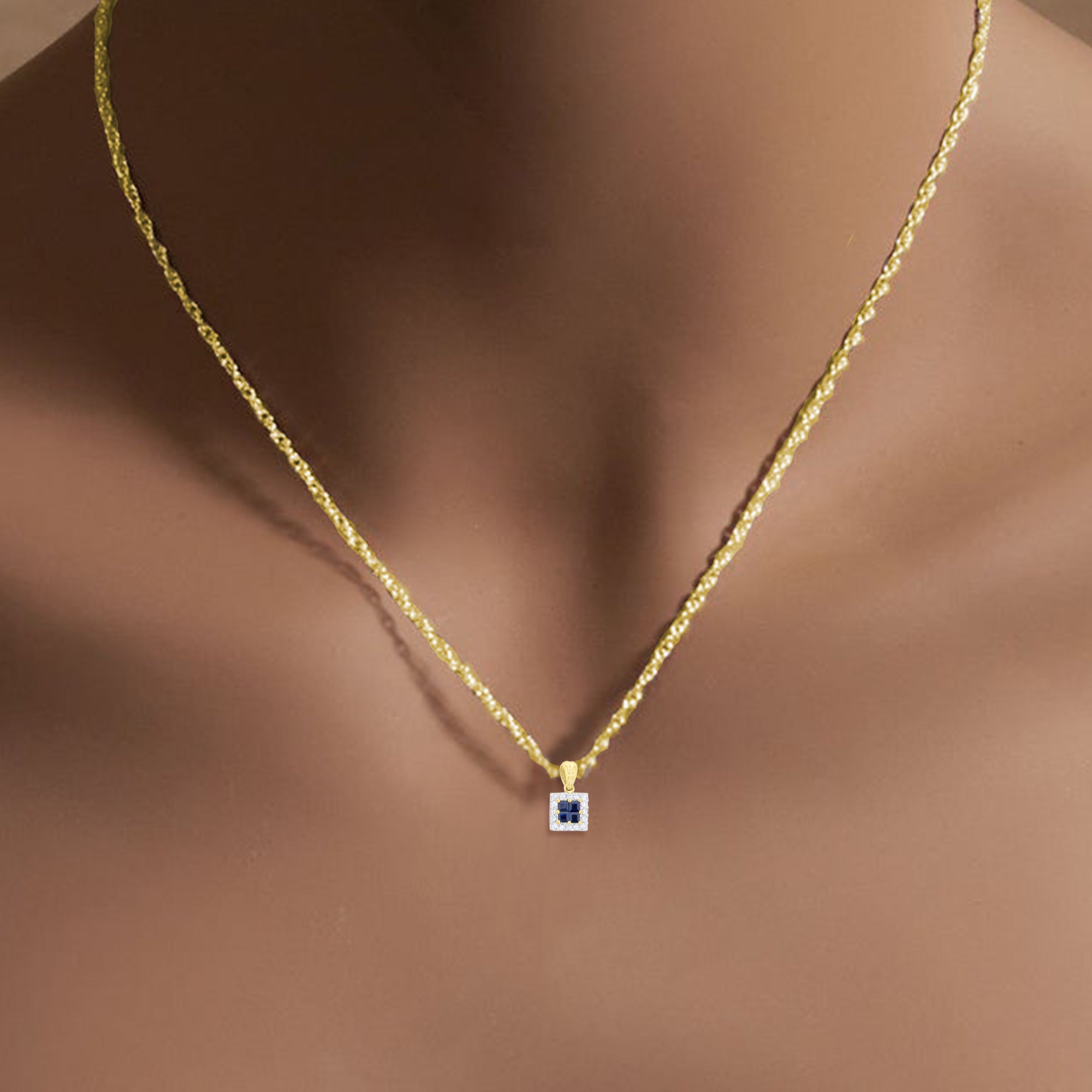 0.95cttw Sapphire & Diamond Square Pendant in 14K Yellow Gold - Elegant Jewelry Gift for Women, Perfect for Anniversaries & Special Occasions