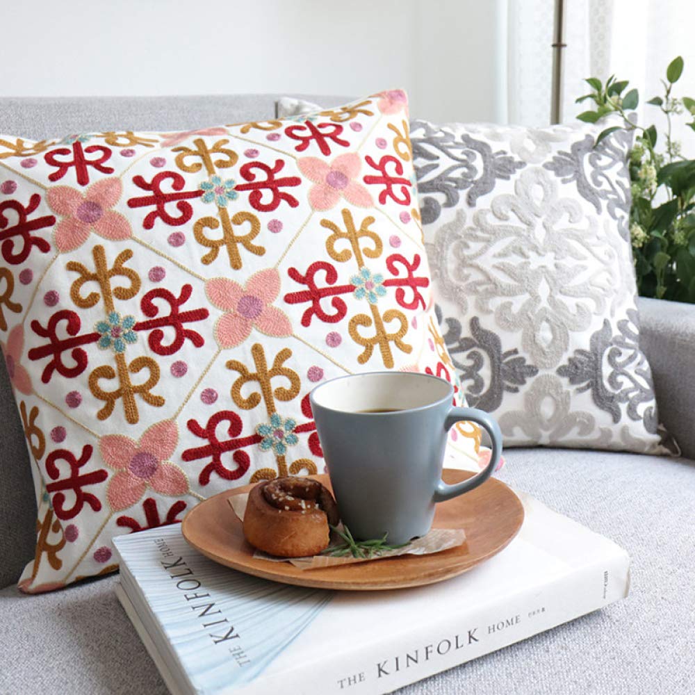 Embroidered Flower Pillow Cover 18x18 Inches - Boho Geometric Sofa Cushion for Living Room, Bedroom Decor - Soft Cotton Throw Pillow Case with Floral Design (A-45×45cm) - Perfect for Home Styling, Cozy Seating & Gift Giving