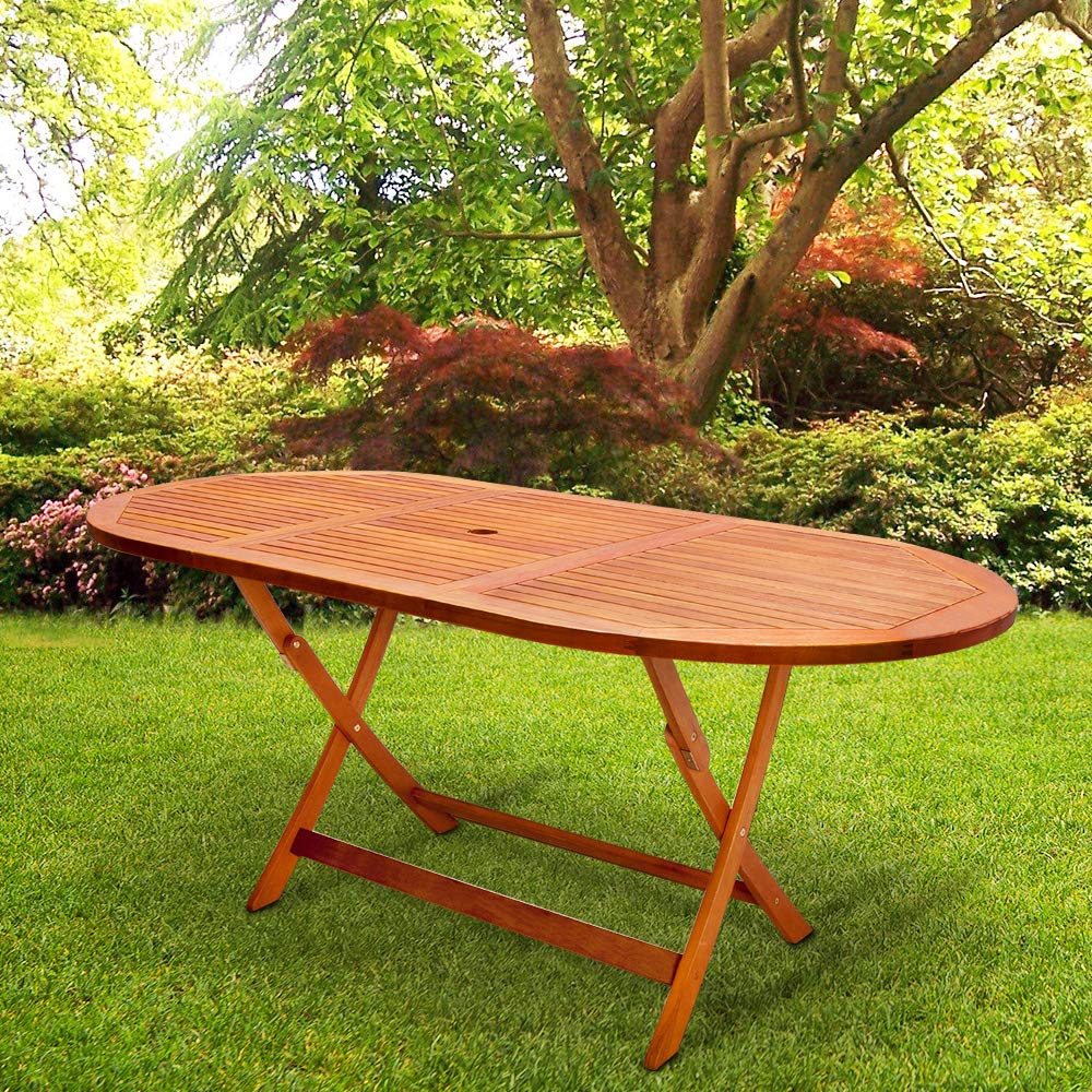 Folding Acacia Wood Outdoor Dining Table with Umbrella Hole - 63 x 34 Inch Patio Table for Garden, Backyard, Poolside & BBQ Parties - Durable Weather-Resistant Wooden Furniture for Outdoor Entertaining