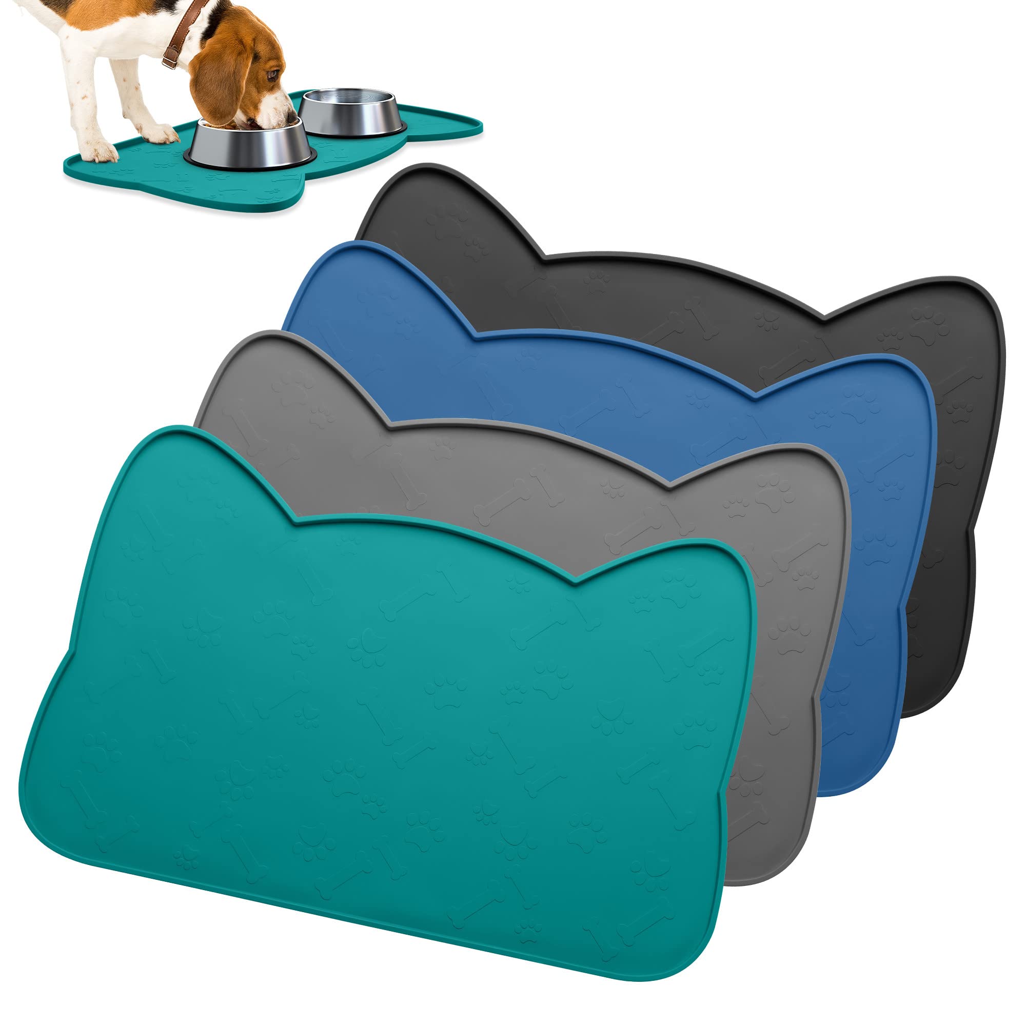 Non-Slip Silicone Pet Food Mat - Waterproof Cat & Dog Bowl Mat with Raised Edges to Prevent Spills - Durable Feeding Tray for Mess-Free Meals - Ideal for Kitchen, Crate, or Outdoor Use (Teal, Medium)