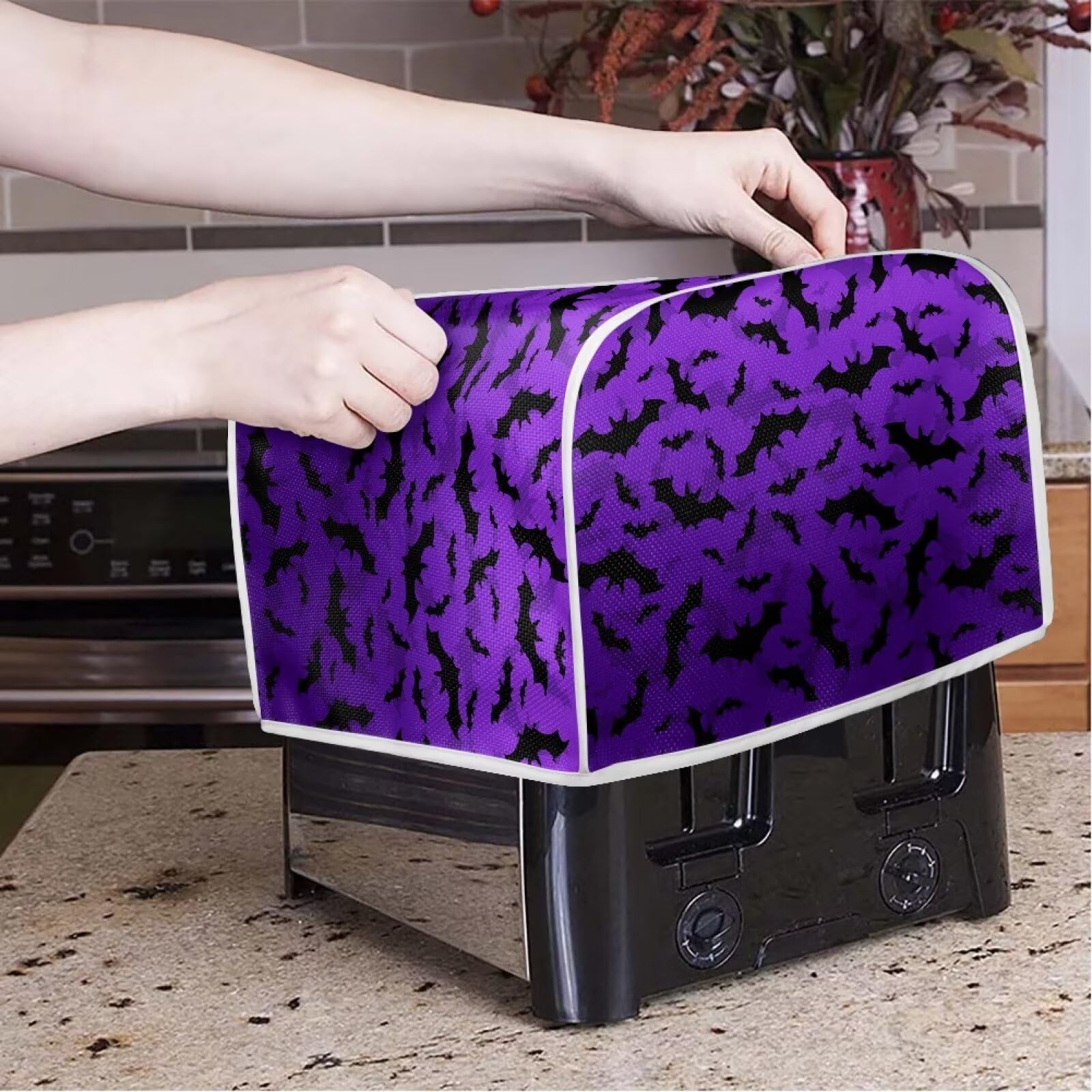 Bat Print 4-Slice Toaster Cover - Universal Fit for Most Standard Toasters, Quilted Oven & Bread Maker Dust Protector - Halloween Kitchen Decor & Small Appliance Cover (Perfect for Halloween Parties, Kitchen Protection & Home Decoration)
