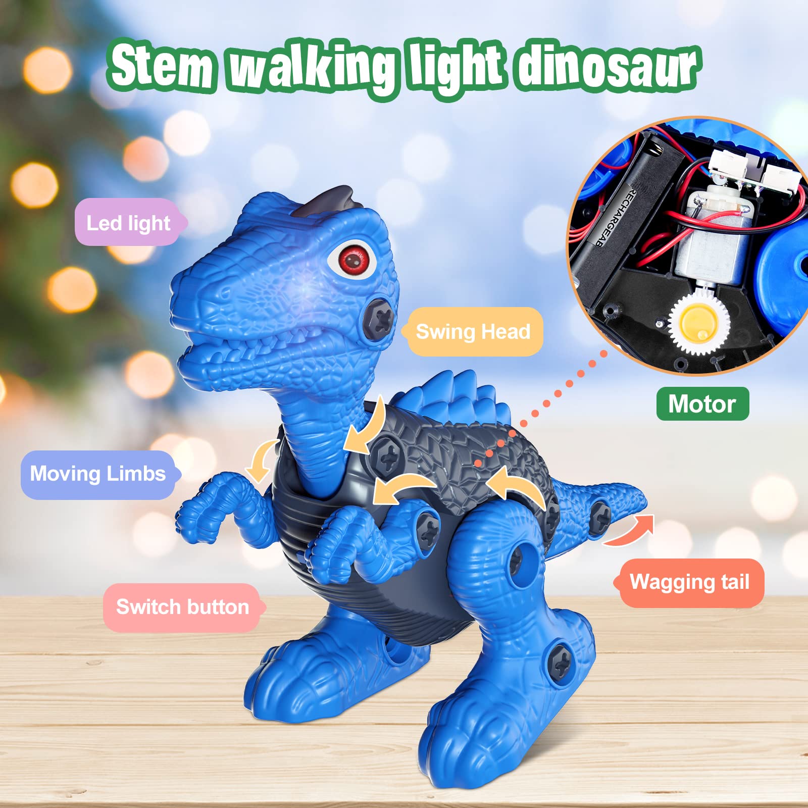 STEM Electric Drill Dinosaur Building Toys for Kids Ages 6-9 - Take Apart Construction Set with LED Lights & Walking Action - Educational Birthday Party Gifts for Boys (Perfect for STEM Learning, Creative Play & Dinosaur-Themed Parties)