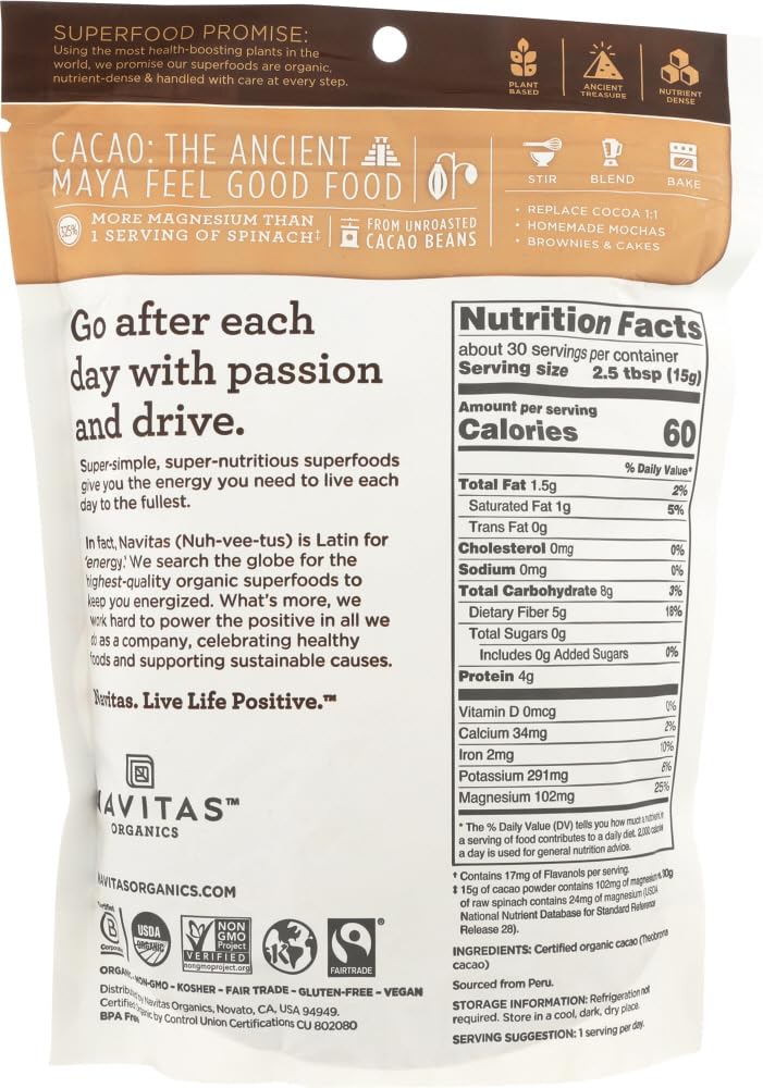 Organic Cacao Powder by Navitas Naturals - 16oz (Pack of 3) | Unsweetened, Non-GMO, Gluten-Free | Perfect for Baking, Smoothies & Healthy Desserts