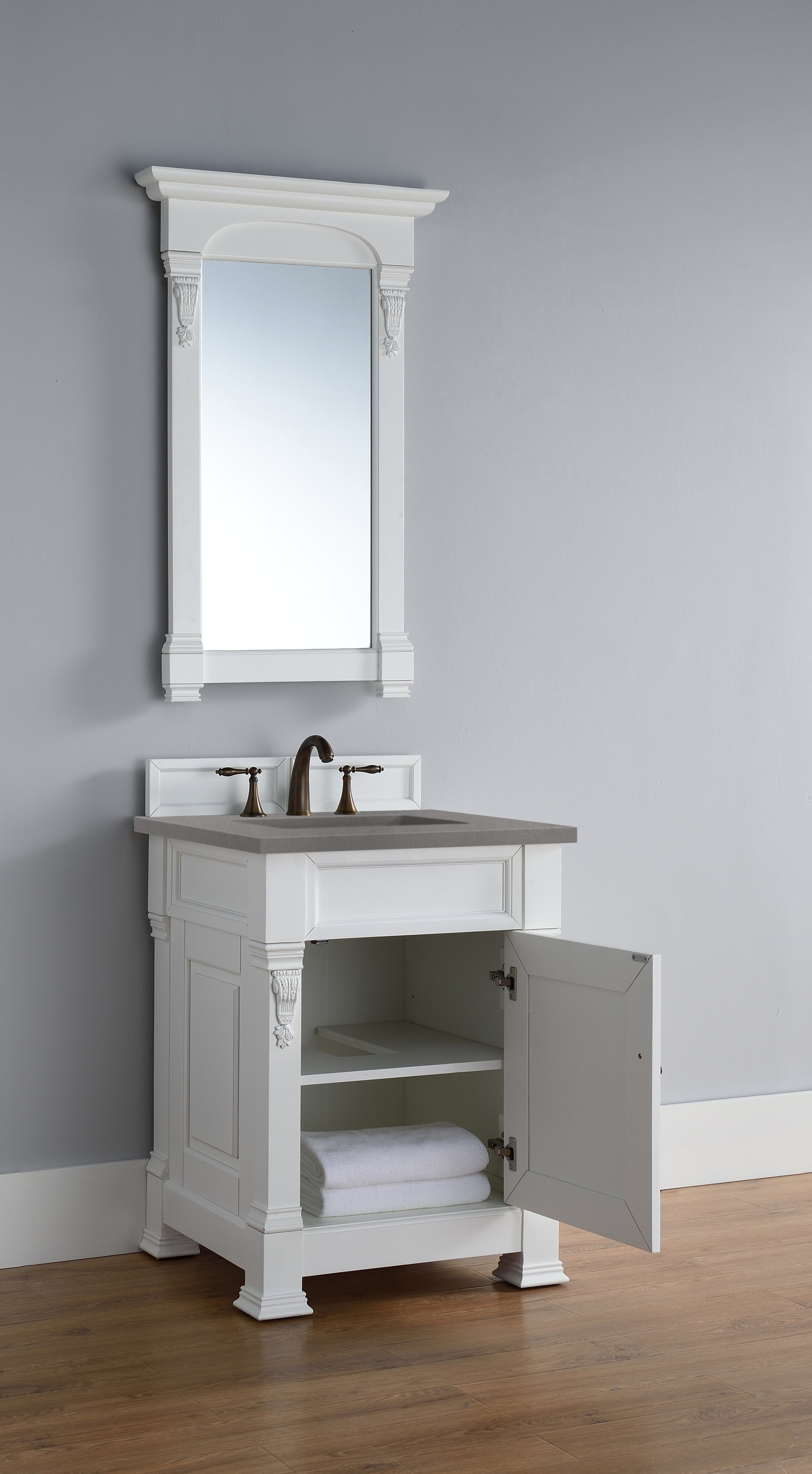 Brookfield 26 Inch Single Bathroom Vanity Set with Bright White Finish & 3CM Grey Expo Quartz Countertop - Perfect for Modern Bathrooms & Small Spaces