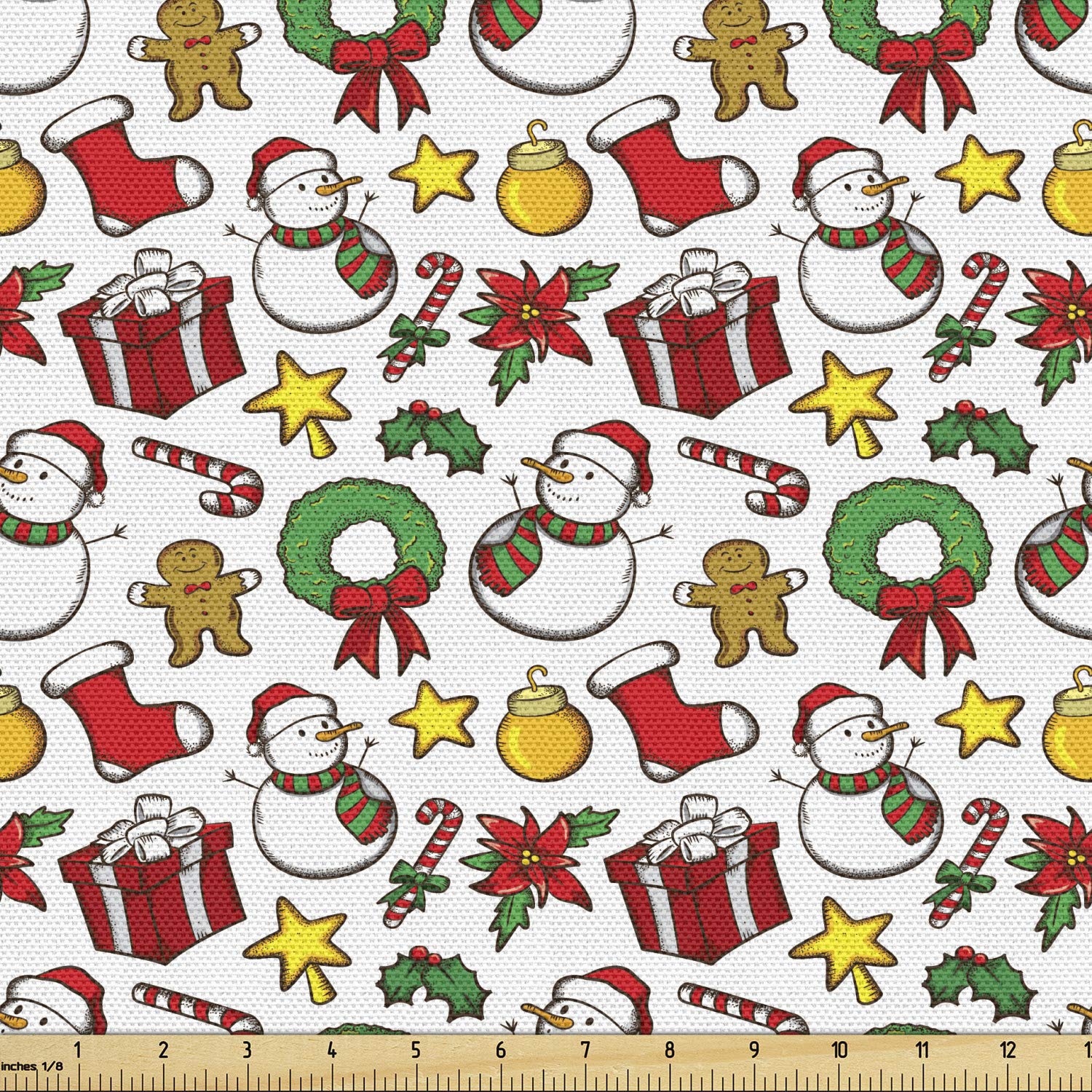 Ambesonne Christmas Fabric by The Yard - Cartoon Snowman, Star, Fireplace & Red Poinsettia Floral Print Decorative Fabric for Upholstery, DIY Crafts, Holiday Home Decor (10 Yards, Multicolor) | Perfect for Christmas Pillows, Table Runners & Festive DIY Projects