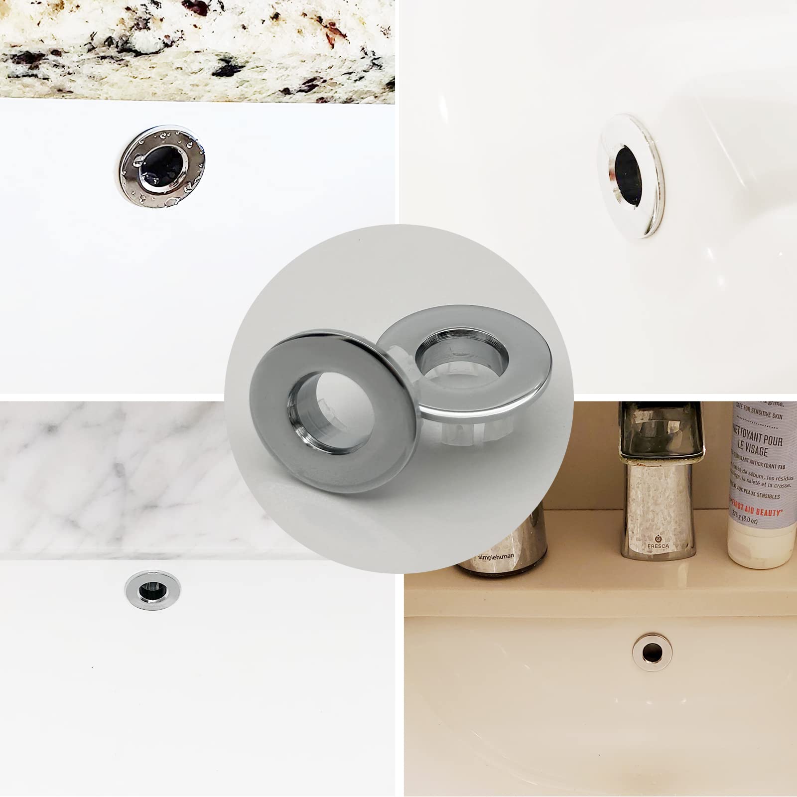 2 Pack Chrome Sink Overflow Cover Ring - Round Brass Bathroom Vanity Sink Overflow Insert with Trim Cap | Perfect for Bathroom Renovation & Leak Prevention