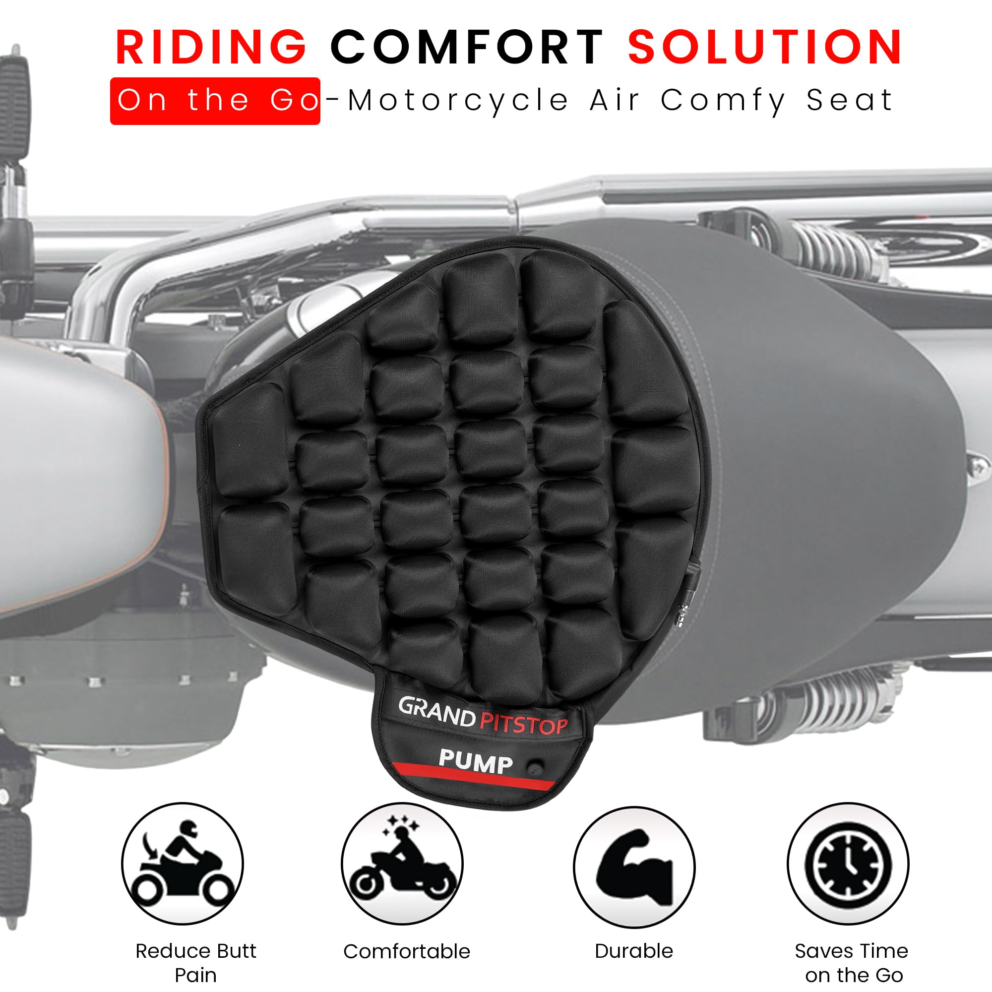GRAND PITSTOP Motorcycle Air Seat Cushion with Pump - Inflatable Bubble Pad with Breathable Mesh Cover & Anti-Slip Base for Cruiser Bikes - Long Ride Comfort for Harley, Honda, Yamaha Motorcycles