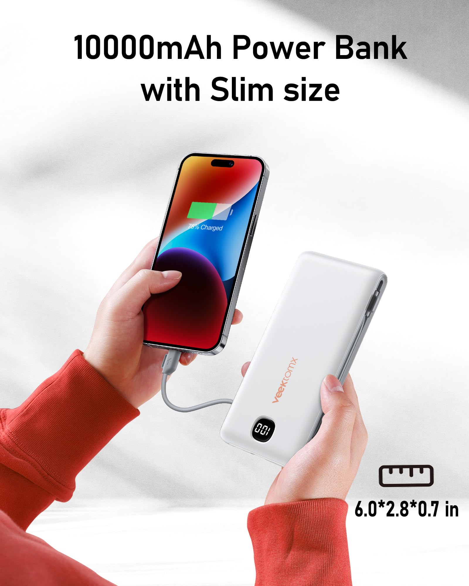 VEEKTOMX 10000mAh Slim Portable Charger with Built-in Cables - Fast Charging Power Bank for iPhone 16/15/14, Samsung, iPad | Includes Wall Plug & USB-C | Perfect for Travel, Camping, and Emergency Power Backup