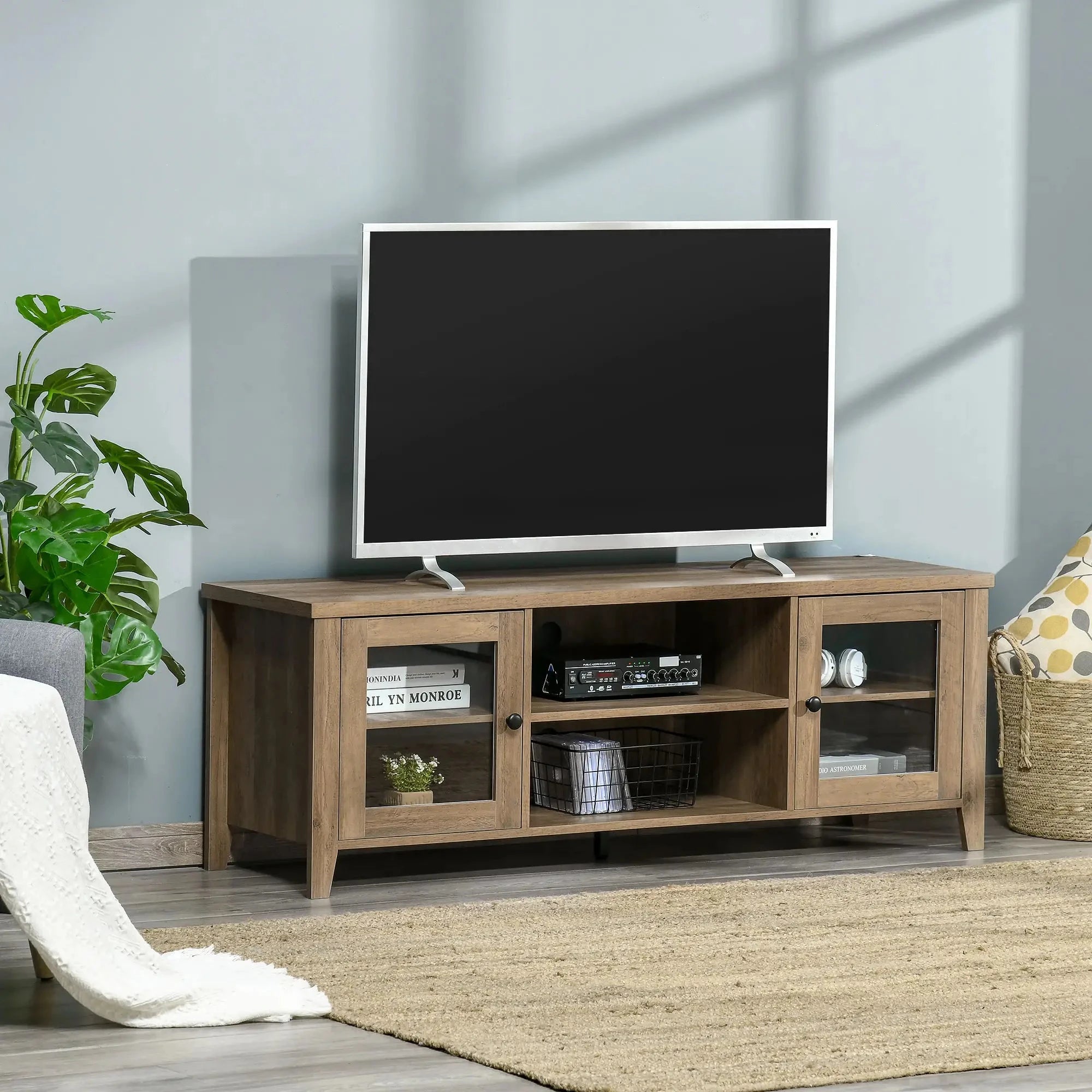Modern TV Stand for Up to 60 Inch TVs - Sturdy Wooden Entertainment Center with Storage Shelf (Black/White/Walnut) - Perfect for Living Room, Bedroom & Home Theater Setup
