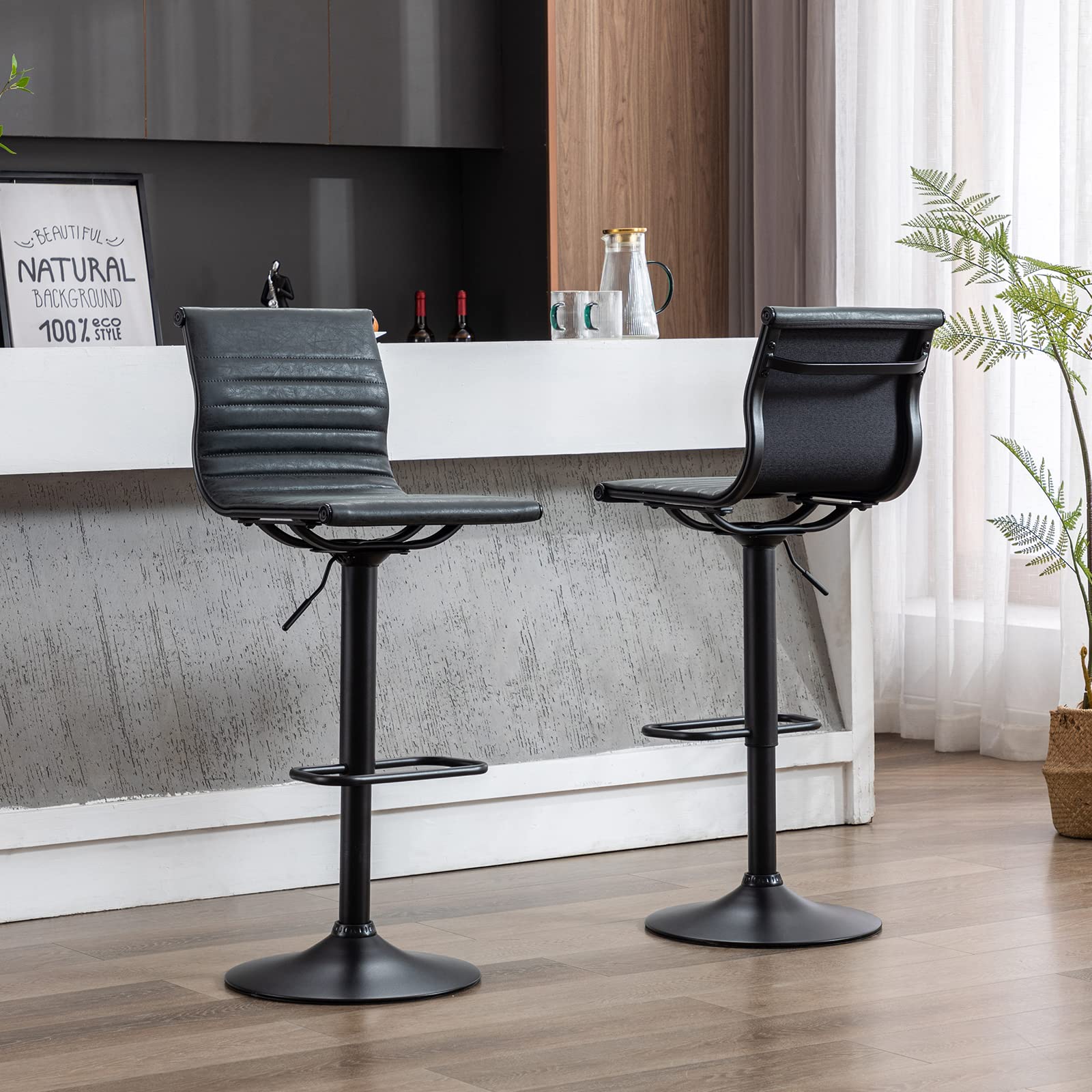 Modern Black PU Leather Metal Bar Stools Set of 3 - Height Adjustable Armless Counter Stools with Black Base for Kitchen Island, Bar & Dining Room - Perfect for Home, Restaurant or Cafe Use (3PCS)
