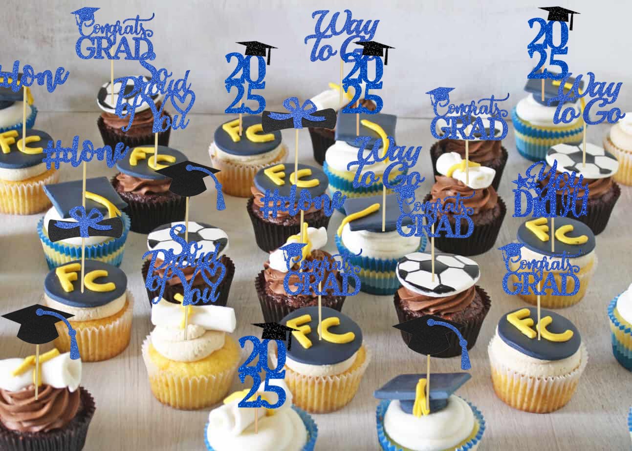 2025 Graduation Cupcake Toppers - Blue Glitter Class of 2025 Decorations, Grad Cap & Diploma Picks for Graduation Party Supplies (40Pcs) - Perfect for Graduation Cakes, Cupcakes, and Dessert Tables