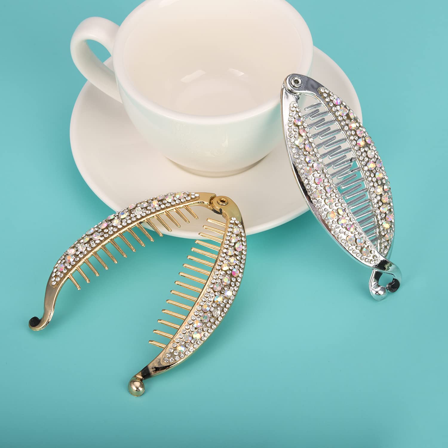 Euvoym 2-Pack Rhinestone Banana Fish Hair Clips - Fashion Hair Combs for Long Hair, Ponytail Holders, Barrettes for Women & Girls - Perfect for Parties, Weddings & Daily Styling