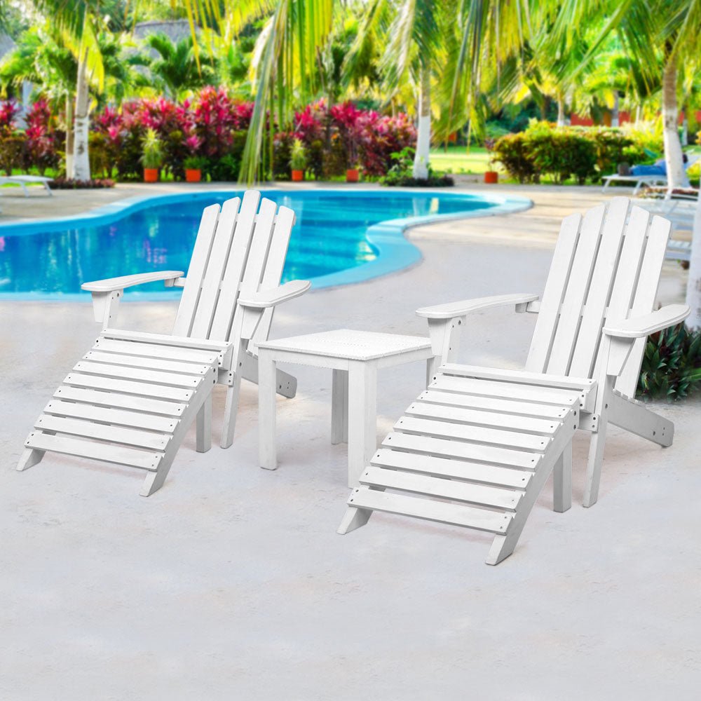 5-Piece White Wooden Adirondack Outdoor Table and Chairs Set - Patio Sun Lounge Furniture for Backyard, Garden, Poolside Relaxation