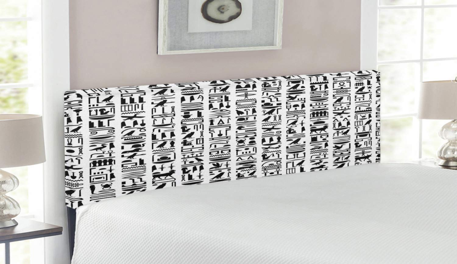 Ambesonne Egyptian Print Headboard - Queen Size Upholstered Metal Bed Frame with Memory Foam | Black & White Hieroglyphic Design | Perfect for Bedroom Decor, Guest Room & Themed Spaces