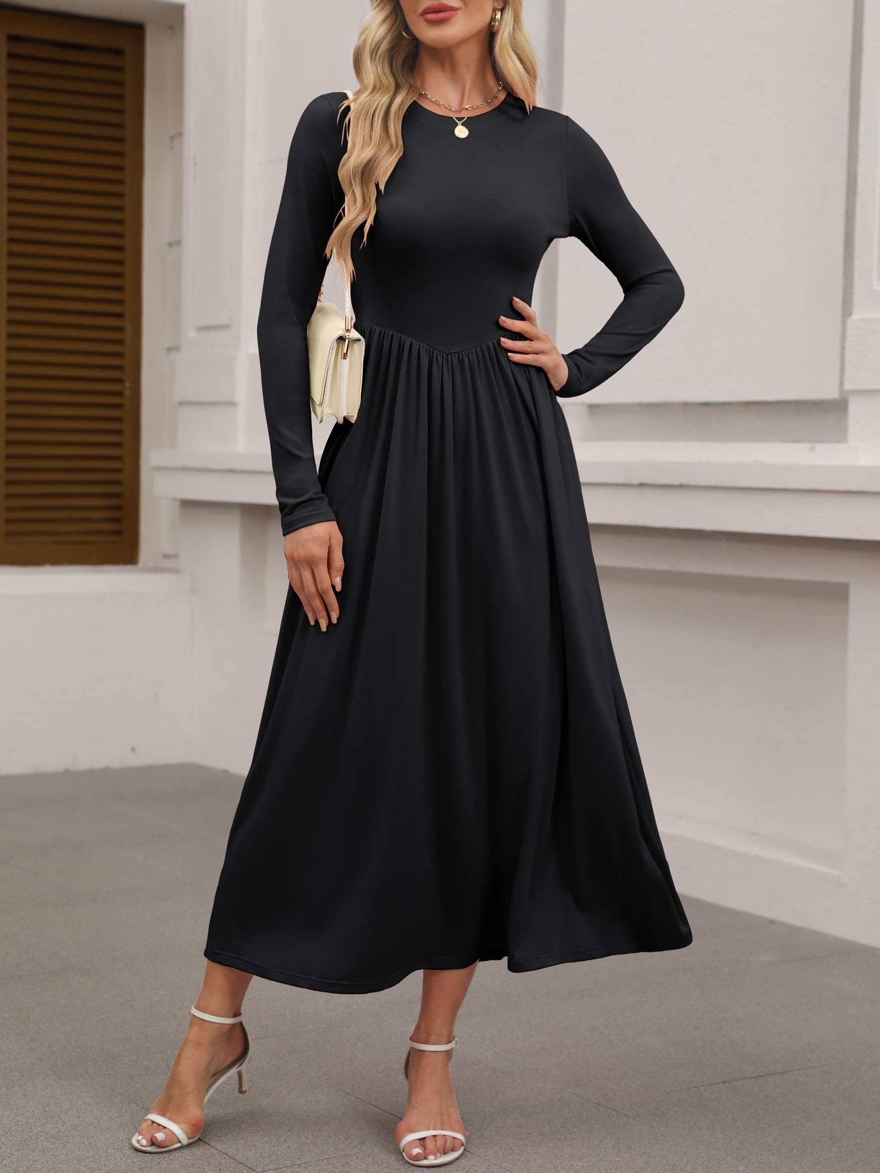 ANRABESS Women's Long Sleeve Maxi Dress - Crew Neck Casual Slim Fit Pleated Midi Dress with Pockets | Spring 2025 Fashion | Perfect for Office, Date Night & Weekend Outings