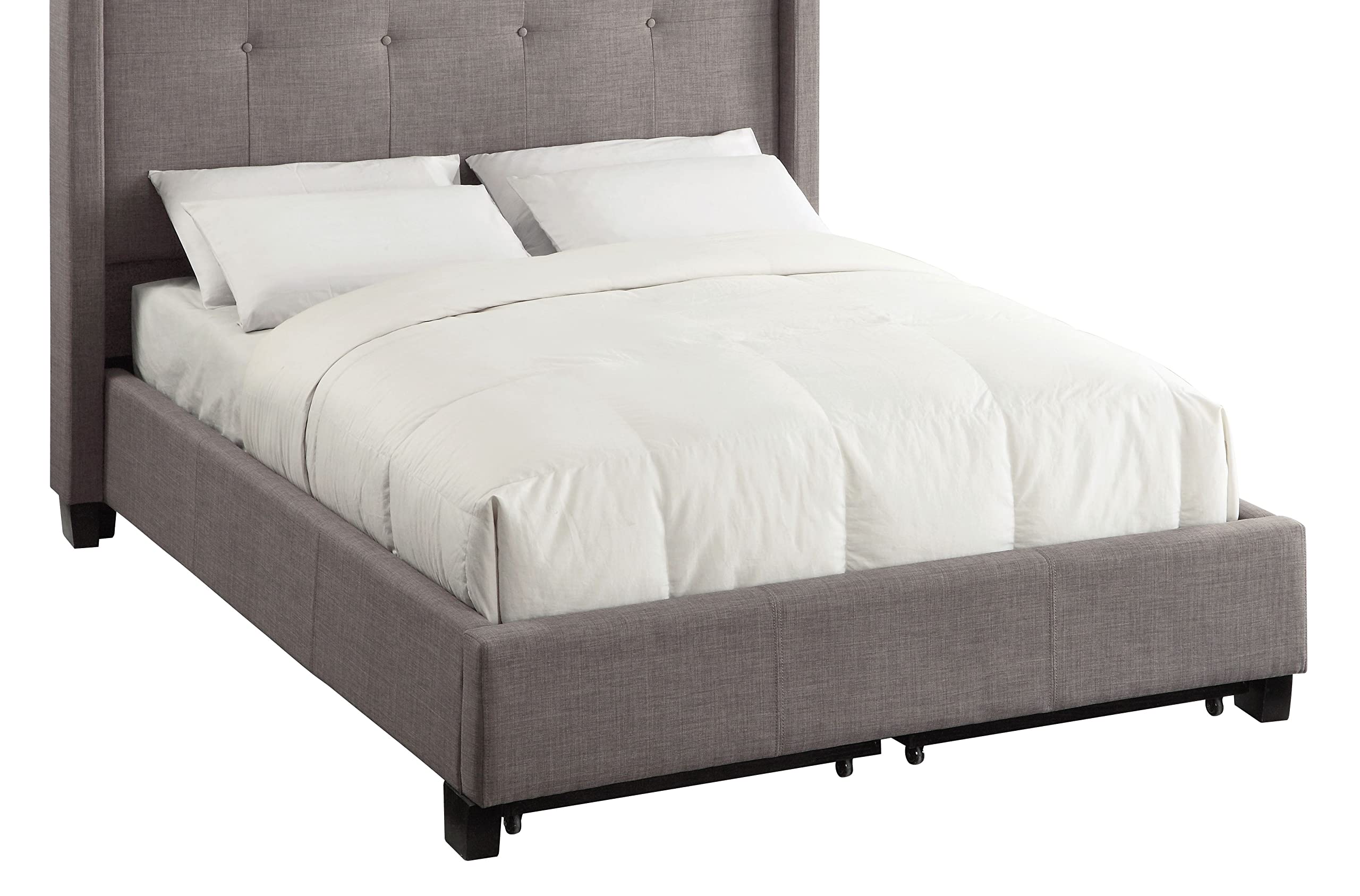 Modus Furniture Solid Wood Queen Size Storage Bed with Footboard - Madeleine Collection in Dolphin Linen | Space-Saving Bedroom Solution for Small Apartments & Guest Rooms