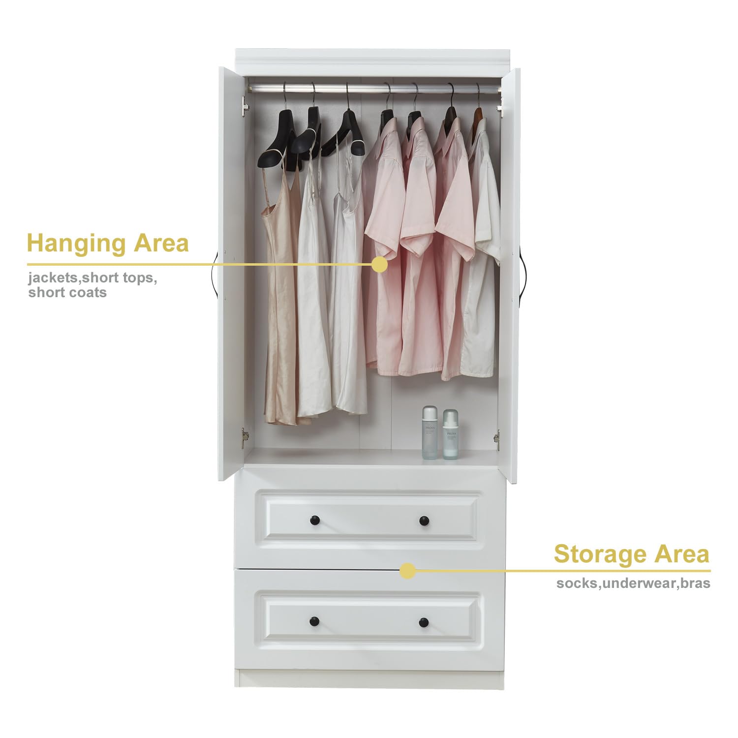 White Wooden Wardrobe Closet with Hanging Rod - 3 Doors, 2 Drawers & High Storage Capacity | Freestanding Closet Organizer for Bedroom, Guest Room or Dormitory