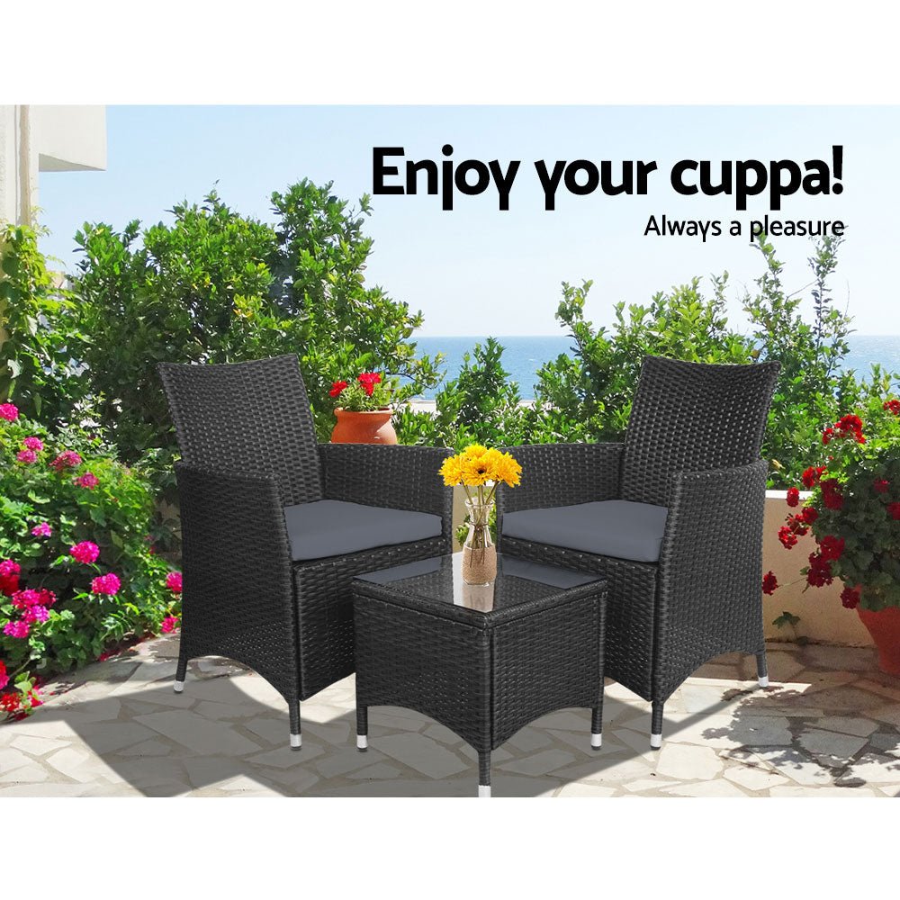 3-Piece Outdoor Bistro Set - Patio Furniture with Wicker Chairs, Table & Cushions in Black - Perfect for Garden, Balcony or Backyard Relaxation