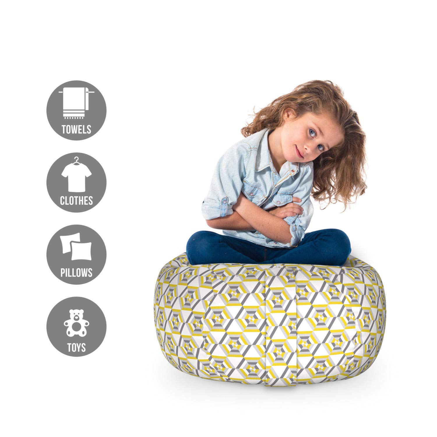 Ambesonne Hexagon Pattern Yellow and White Stuffed Animal Storage Bag Chair - Small Size, Washable Toy Organizer for Kids' Room, Nursery, or Playroom - Earth Yellow Dimgray Design