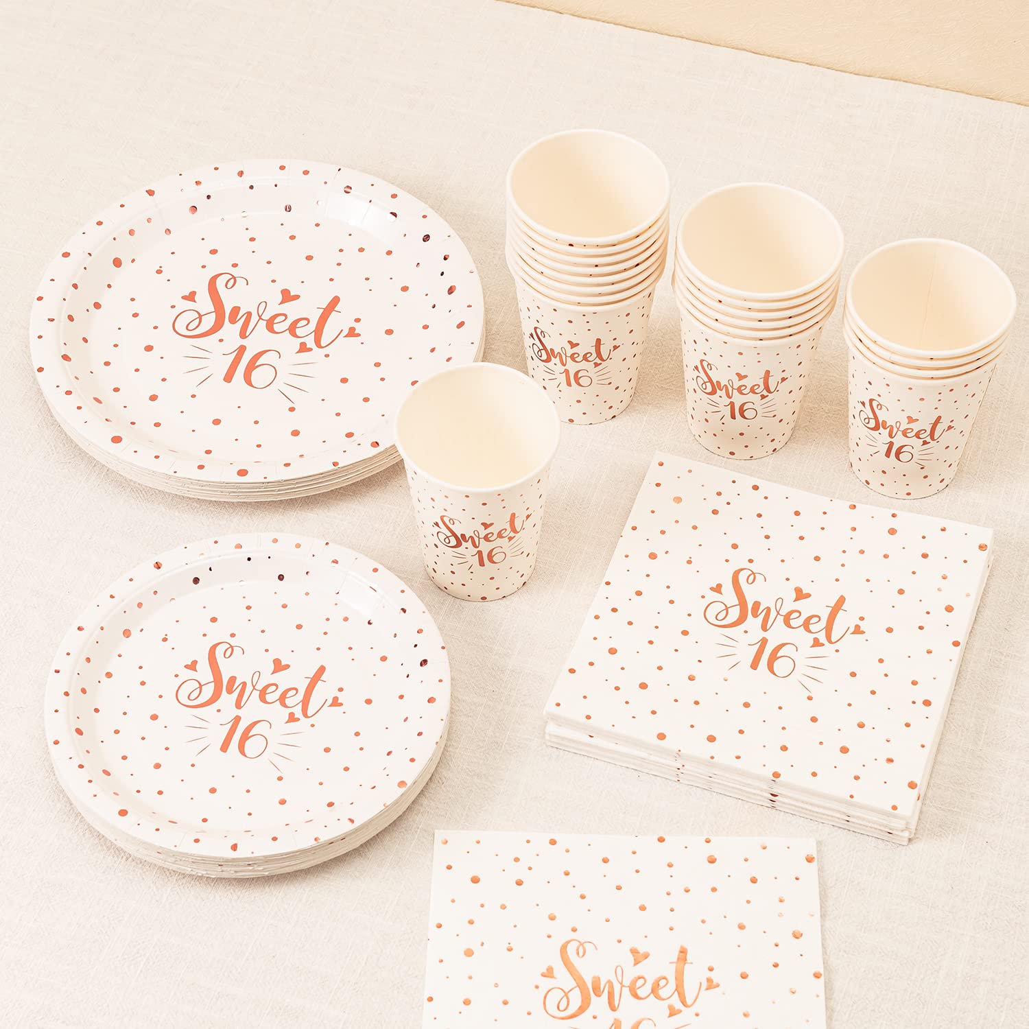 Sweet 16 Birthday Party Supplies - Rose Gold Disposable Tableware Set (24-Pack: 9