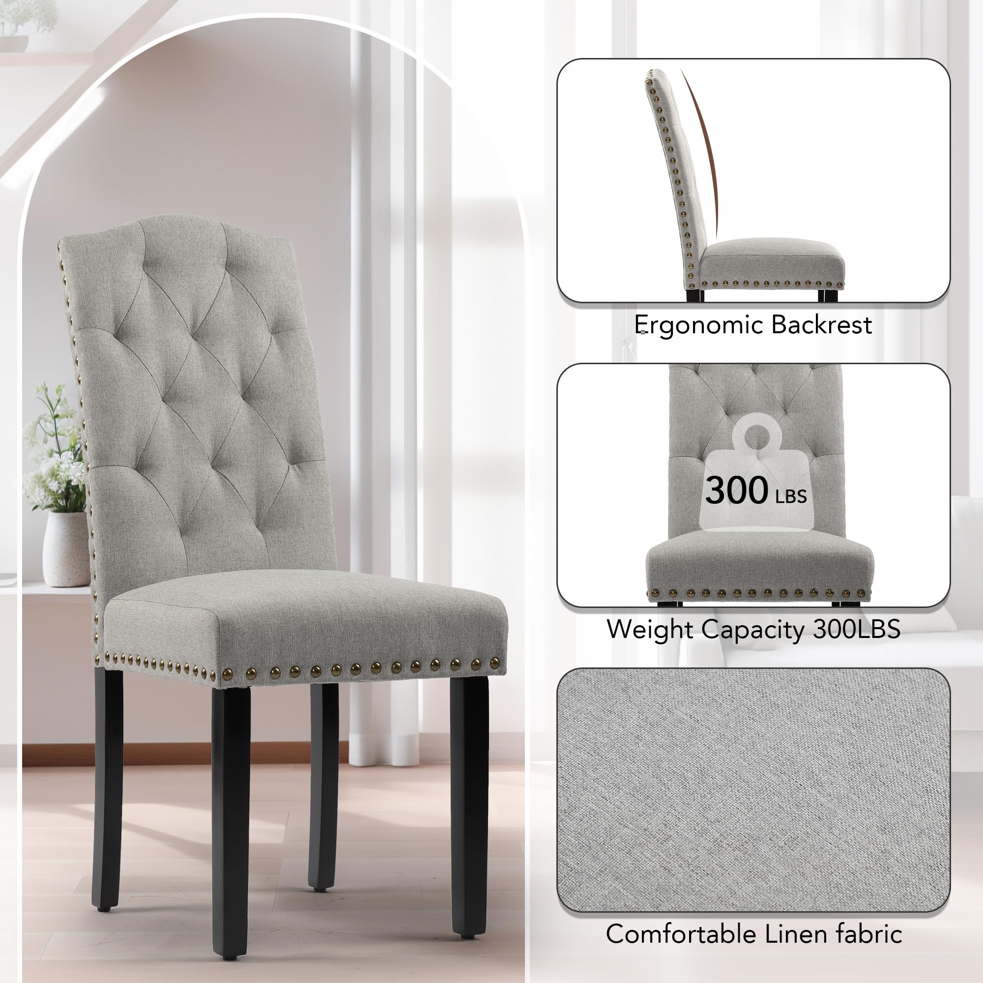 DAGONHIL 2-Piece Upholstered Dining Chair Set - Armless Kitchen Chairs with Black Solid Wood Legs for Home, Kitchen & Living Room (Gray) - Perfect for Small Spaces & Modern Dining Areas
