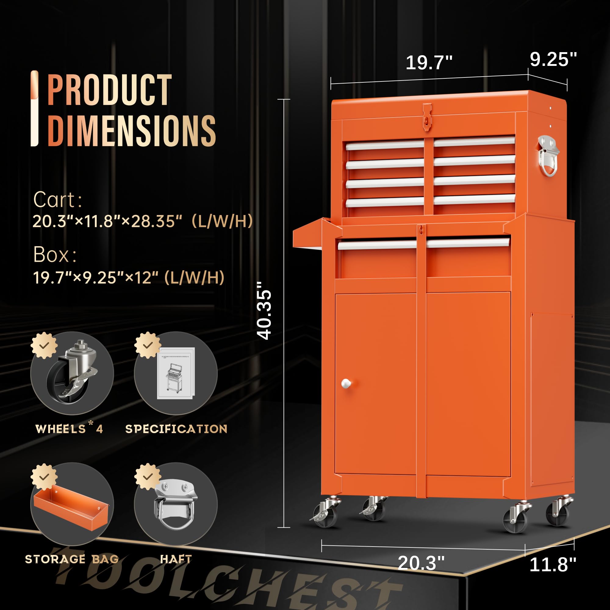Pataku 5-Drawer Rolling Tool Chest with Wheels - Heavy Duty Metal Tool Cabinet for Garage & Workshop - Detachable Tool Box Organizer for Mechanics & DIY Projects (Orange)