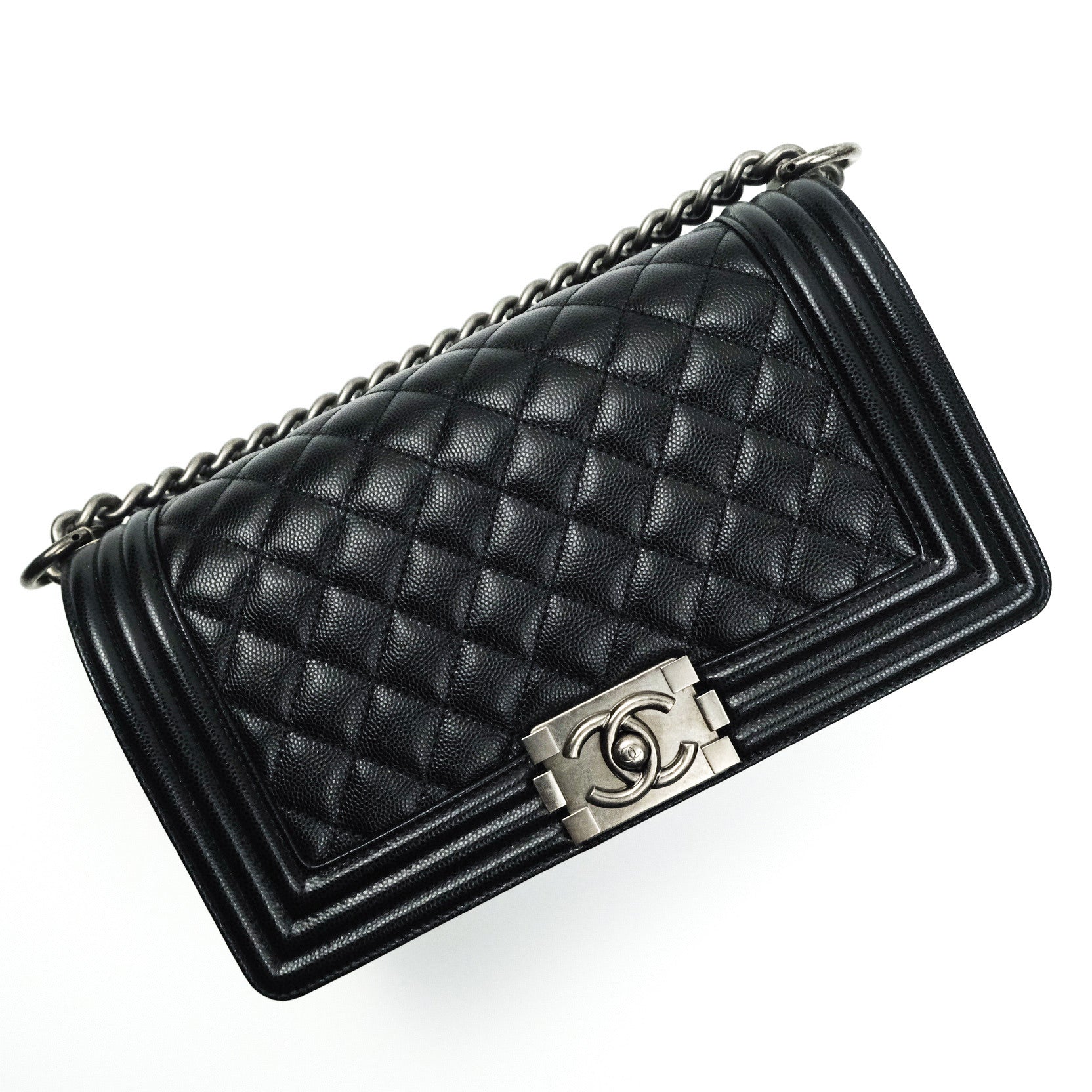 Chanel Boy Quilted Medium Handbag in Black Caviar Leather with Ruthenium Hardware - Perfect for Evening Events & Luxury Fashion Accessories