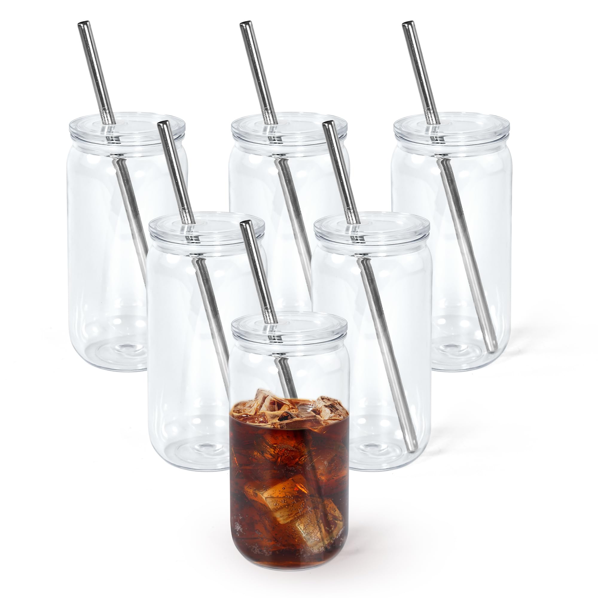 16oz Acrylic Mason Jar Cups with Lids & Straws - 6 Pack Clear Plastic Drinking Glasses for Iced Coffee, Whiskey, Soda, Tea, Juice - Perfect for Home, Parties, Gifts & Outdoor Use