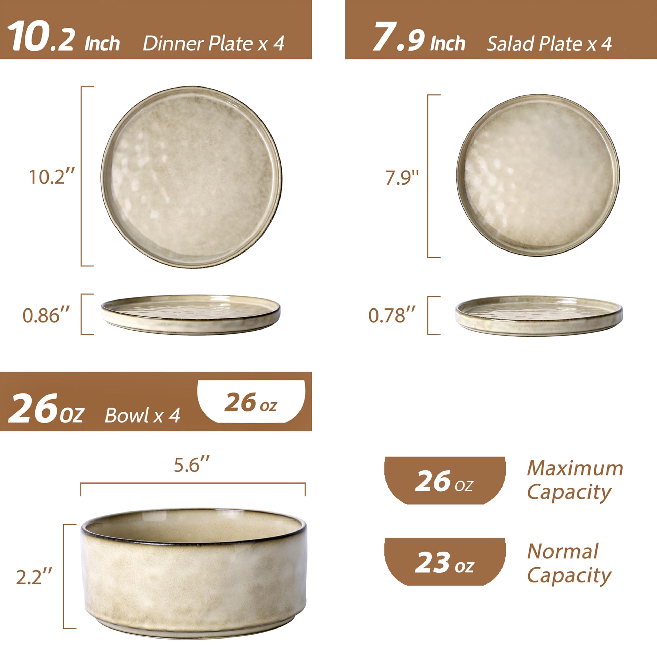 12-Piece Ceramic Dinnerware Set for 4 - Includes Dinner Plates, Salad Plates & Bowls - Microwave & Dishwasher Safe - Sandy Beige - Perfect for Family Meals, Dinner Parties & Everyday Use
